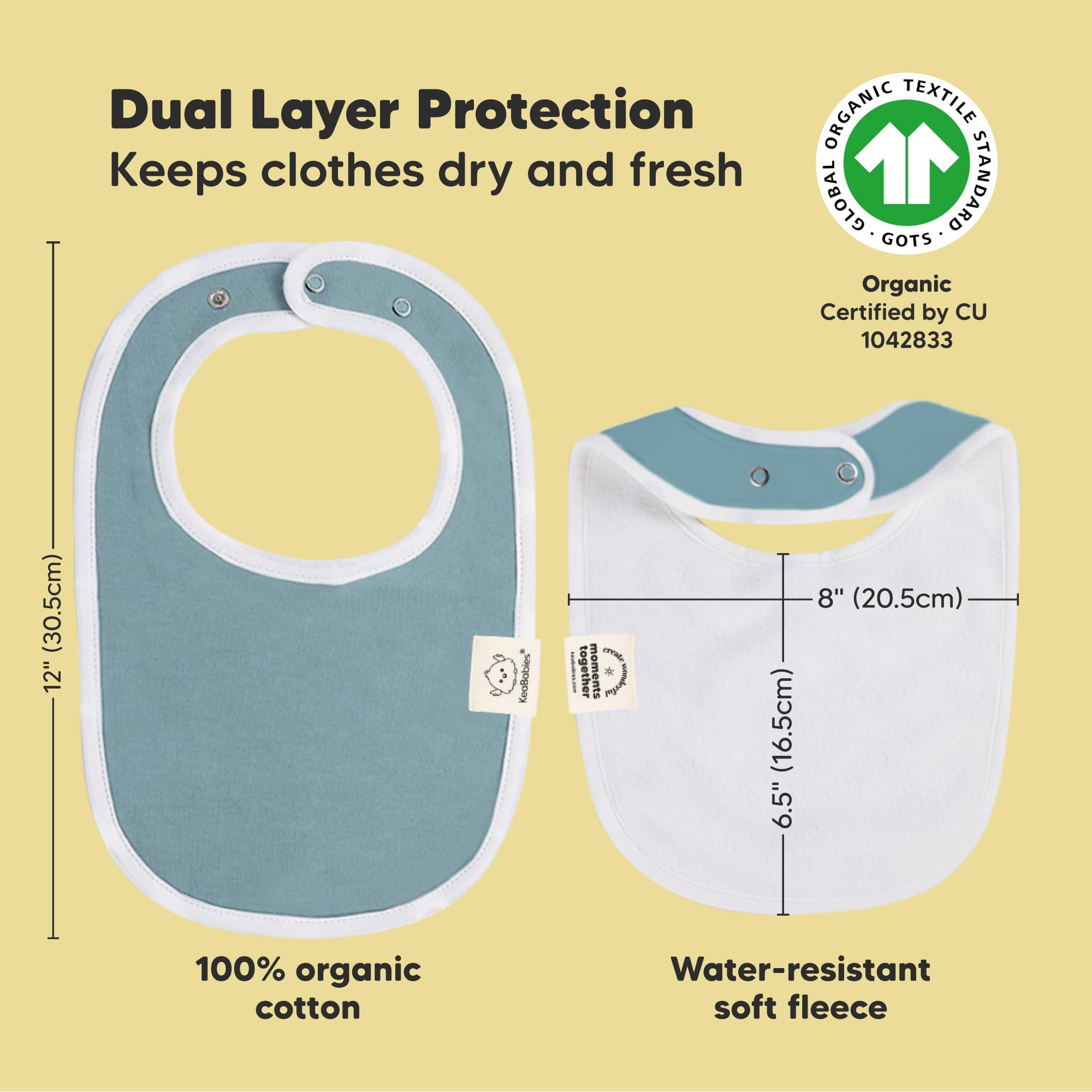 KeaBabies Daybreak bibs shown with spills demo illustrating full-coverage protection