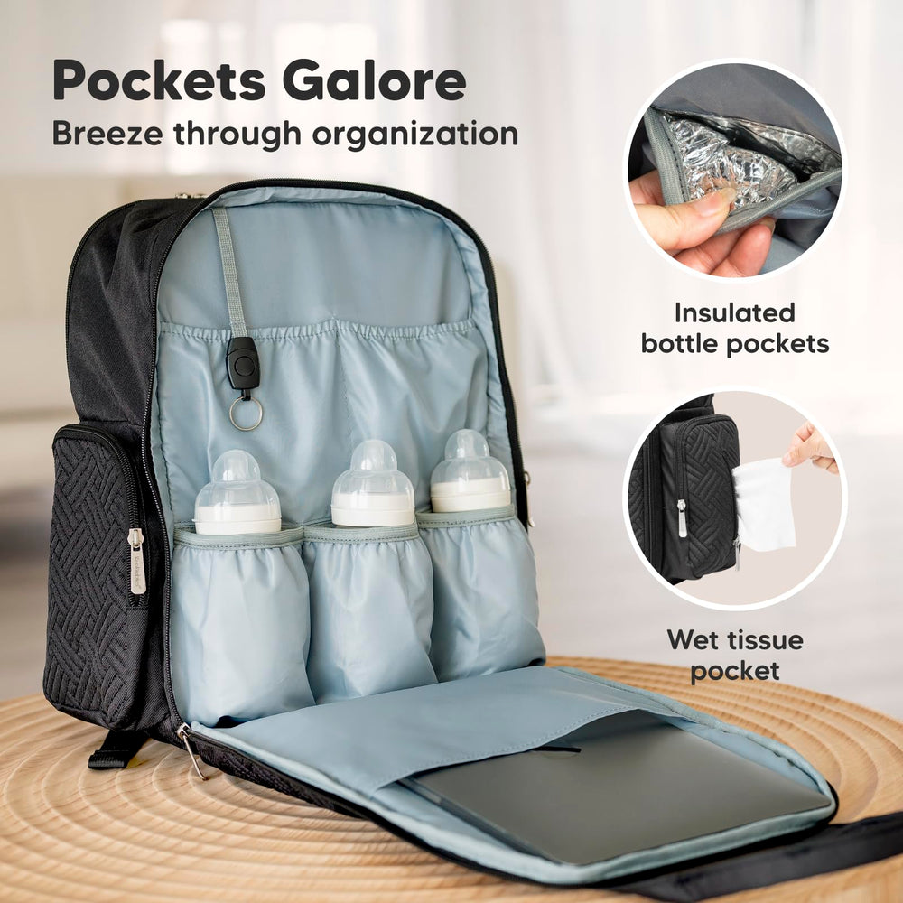 KeaBabies Diaper Bag Backpack Charcoal back view highlights spacious storage for essentials during outings