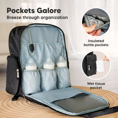 KeaBabies Diaper Bag Backpack Charcoal back view highlights spacious storage for essentials during outings