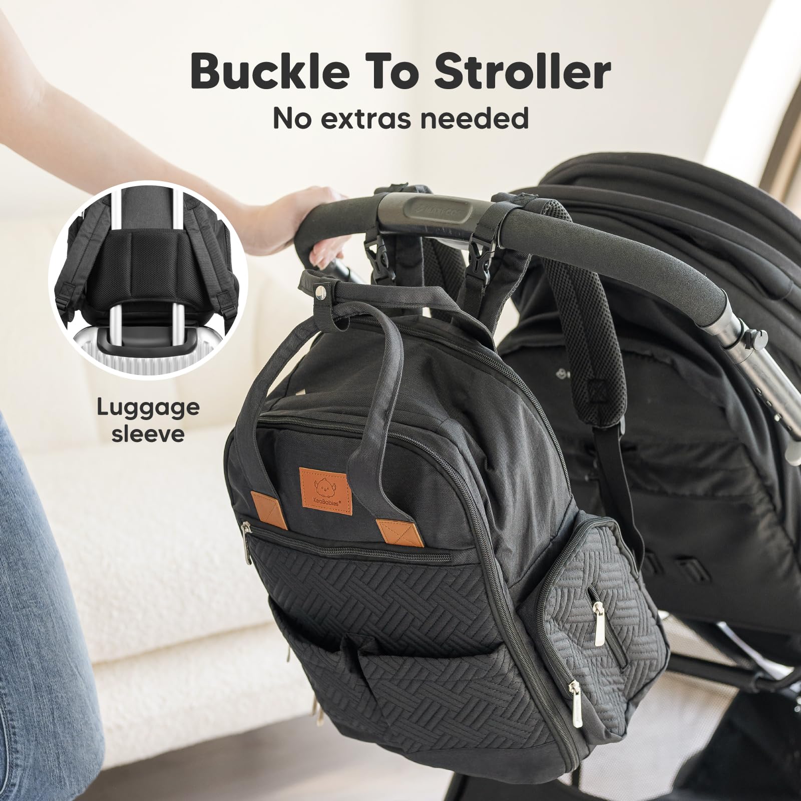 KeaBabies Diaper Bag Charcoal shoulder straps show padded comfort for all-day carrying