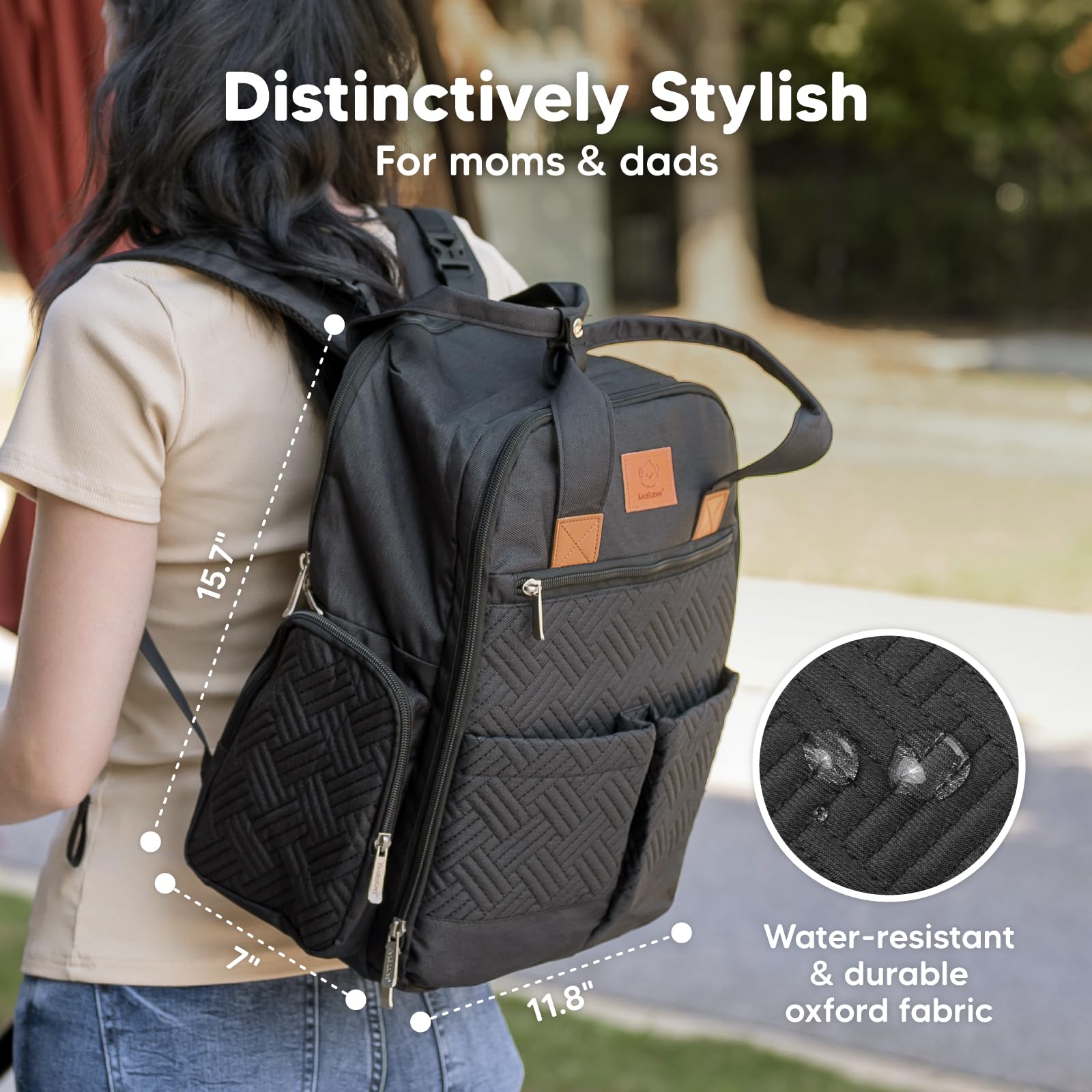 KeaBabies Diaper Bag Charcoal side pocket illustrates quick-access storage for wipes and creams