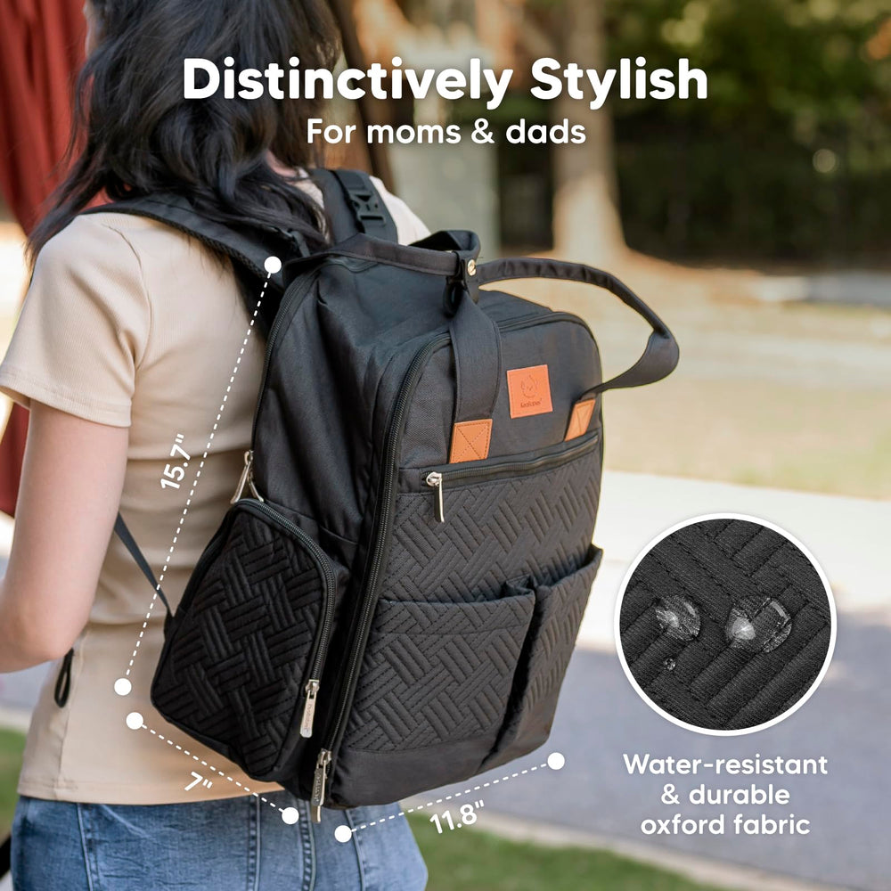 KeaBabies Diaper Bag Charcoal side pocket illustrates quick-access storage for wipes and creams