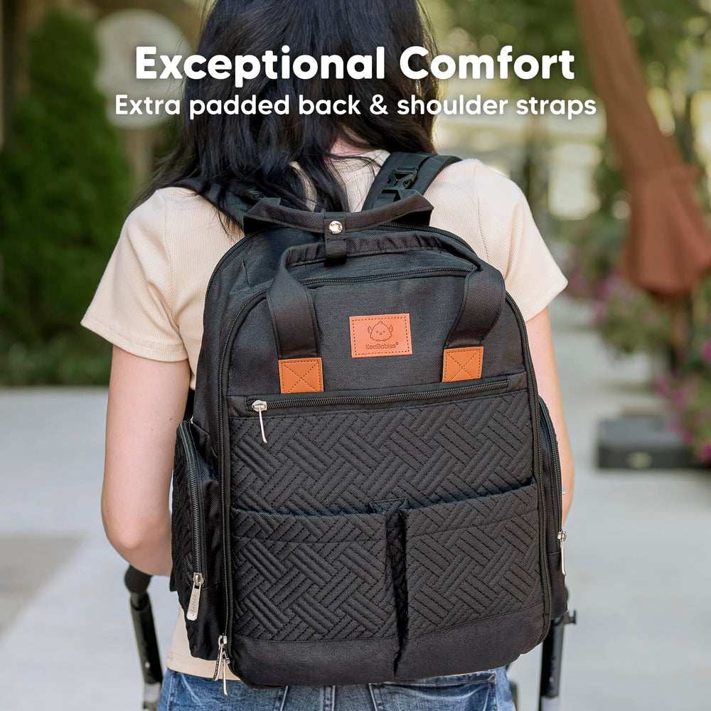 KeaBabies Diaper Bag Charcoal stroller clip demonstrates hands-free versatility