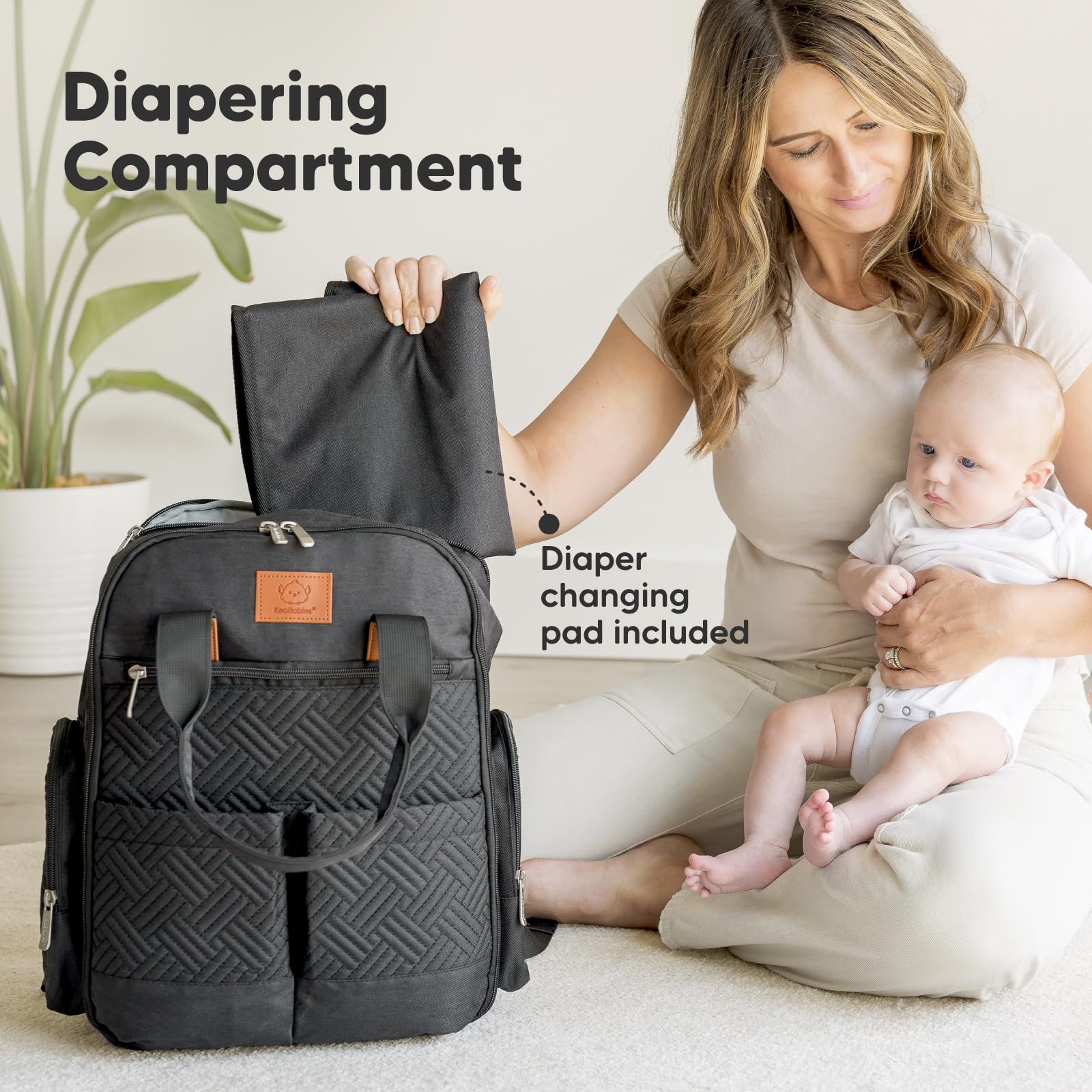 KeaBabies Diaper Bag Charcoal zipper closeup demonstrates smooth, reliable zippers for fast access