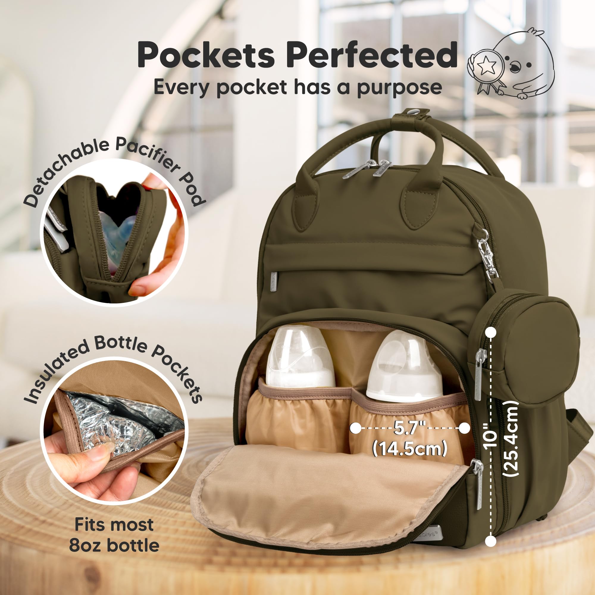 KeaBabies diaper bag backpack back panel reveals quick-access pockets.