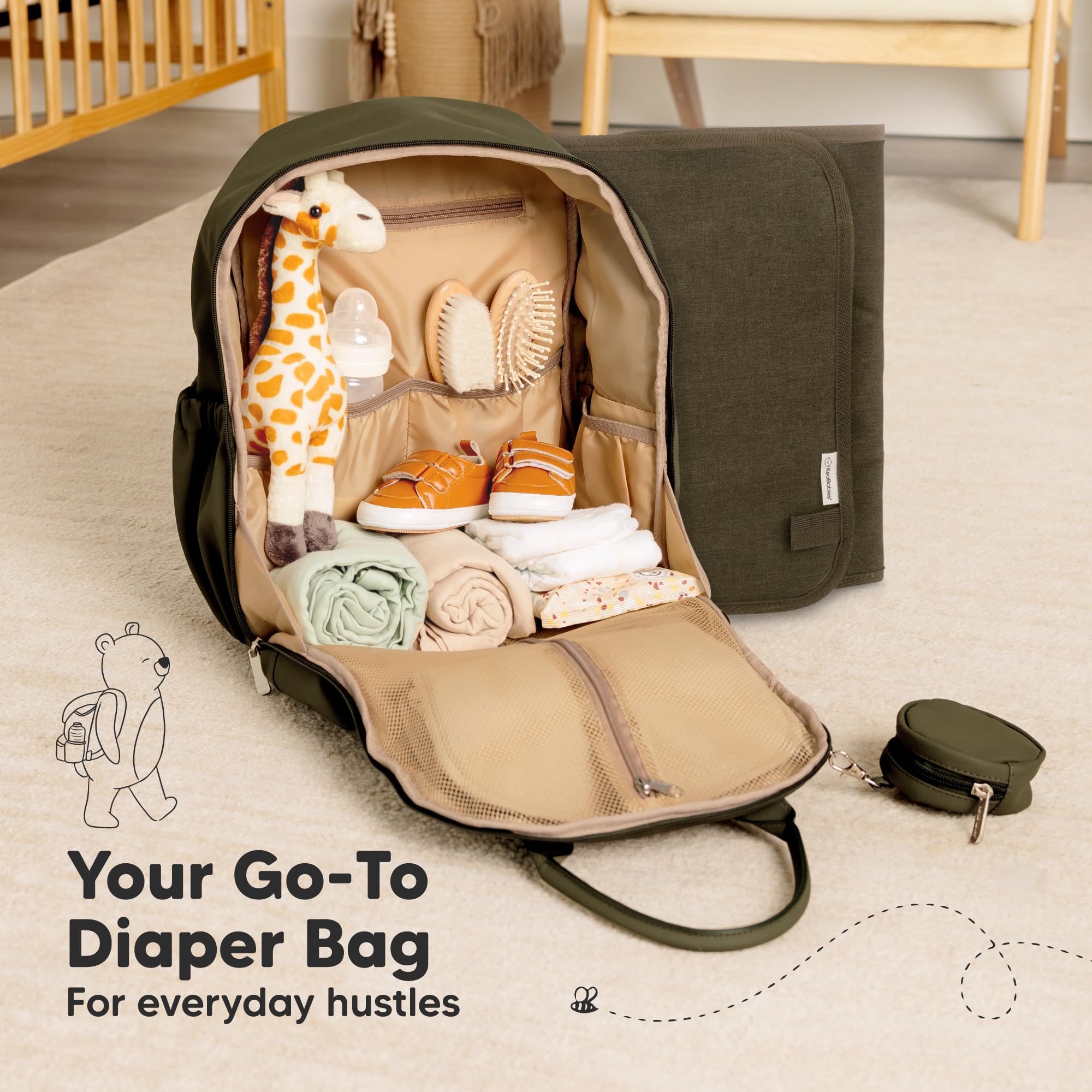 KeaBabies diaper bag backpack everyday-use design suits moms and dads.