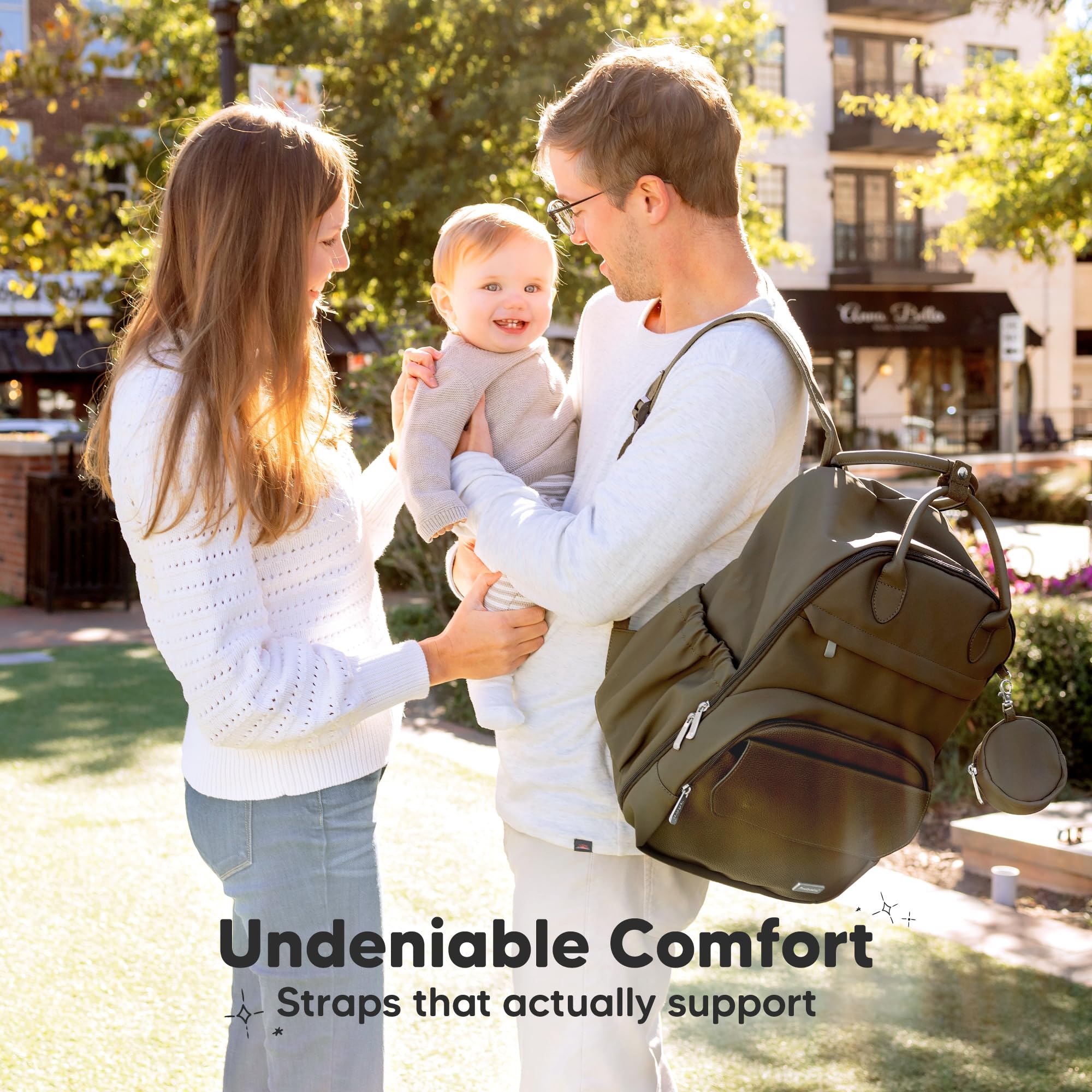 KeaBabies diaper bag backpack durable PU leather detail supports longevity.