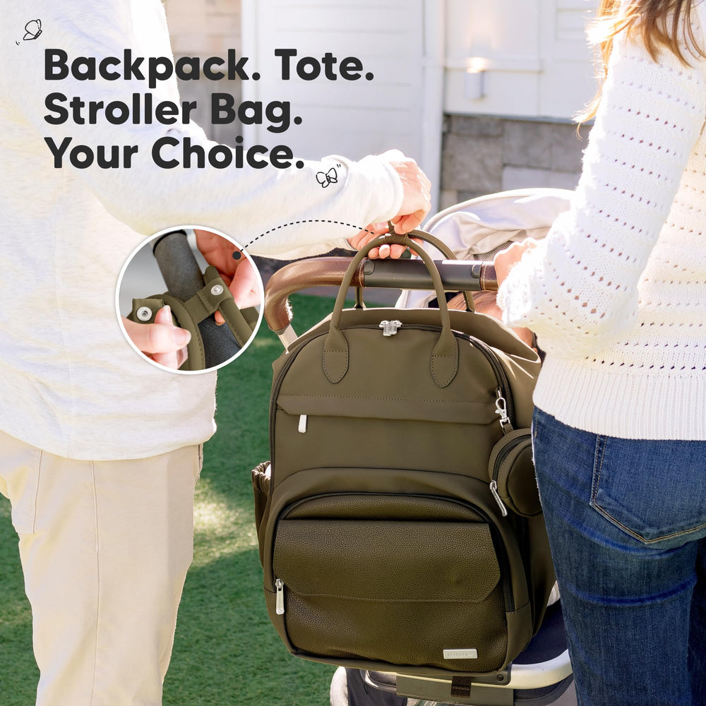 KeaBabies diaper bag backpack stroller clip enables hands-free use.