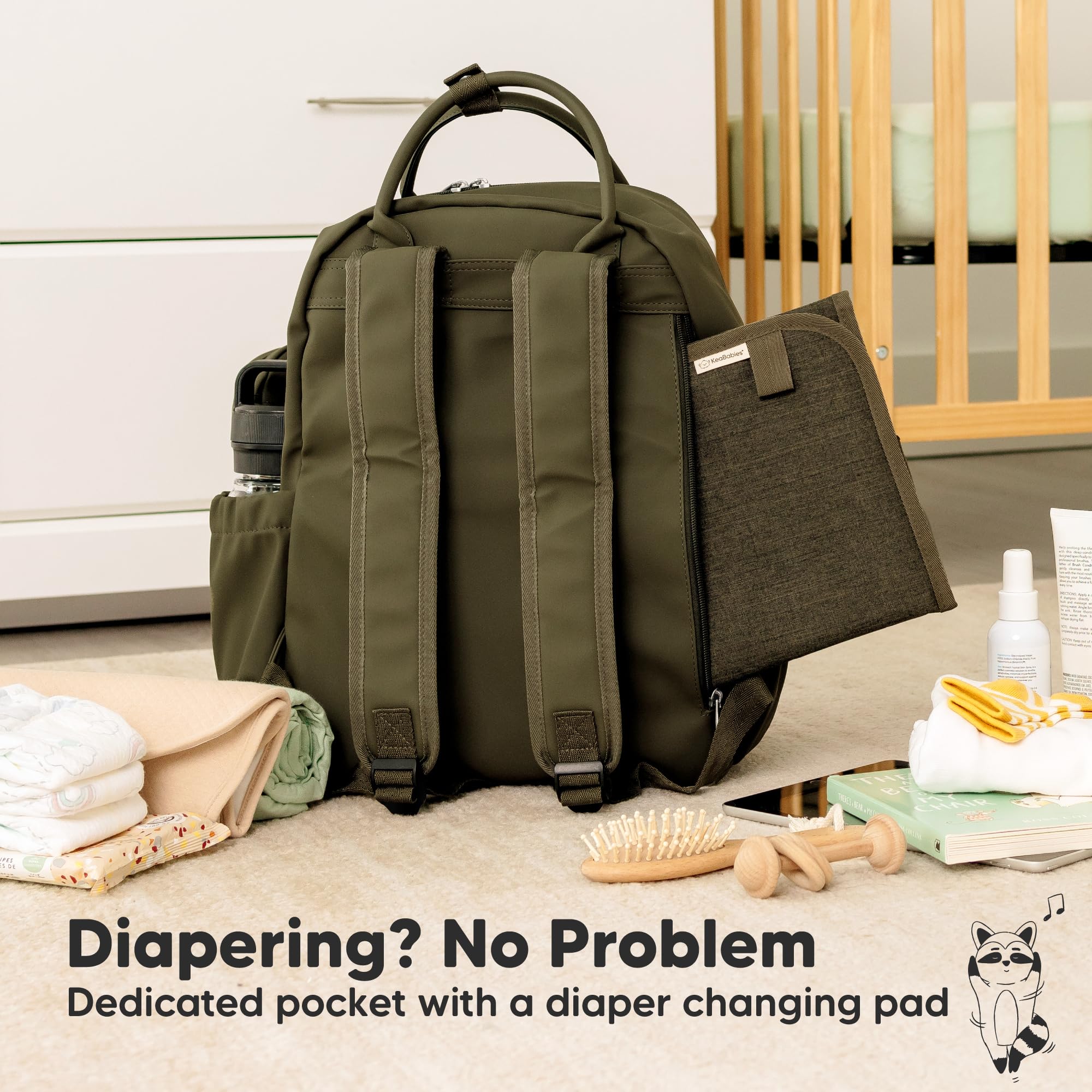 KeaBabies diaper bag backpack top view highlights main compartment readiness.
