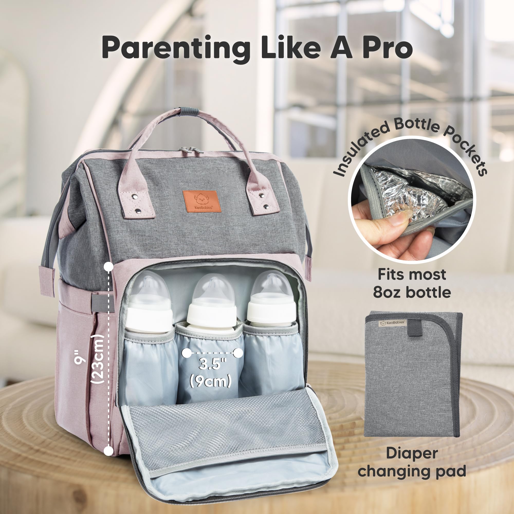 KeaBabies diaper bag backpack supports hands-free travel when using a baby carrier.