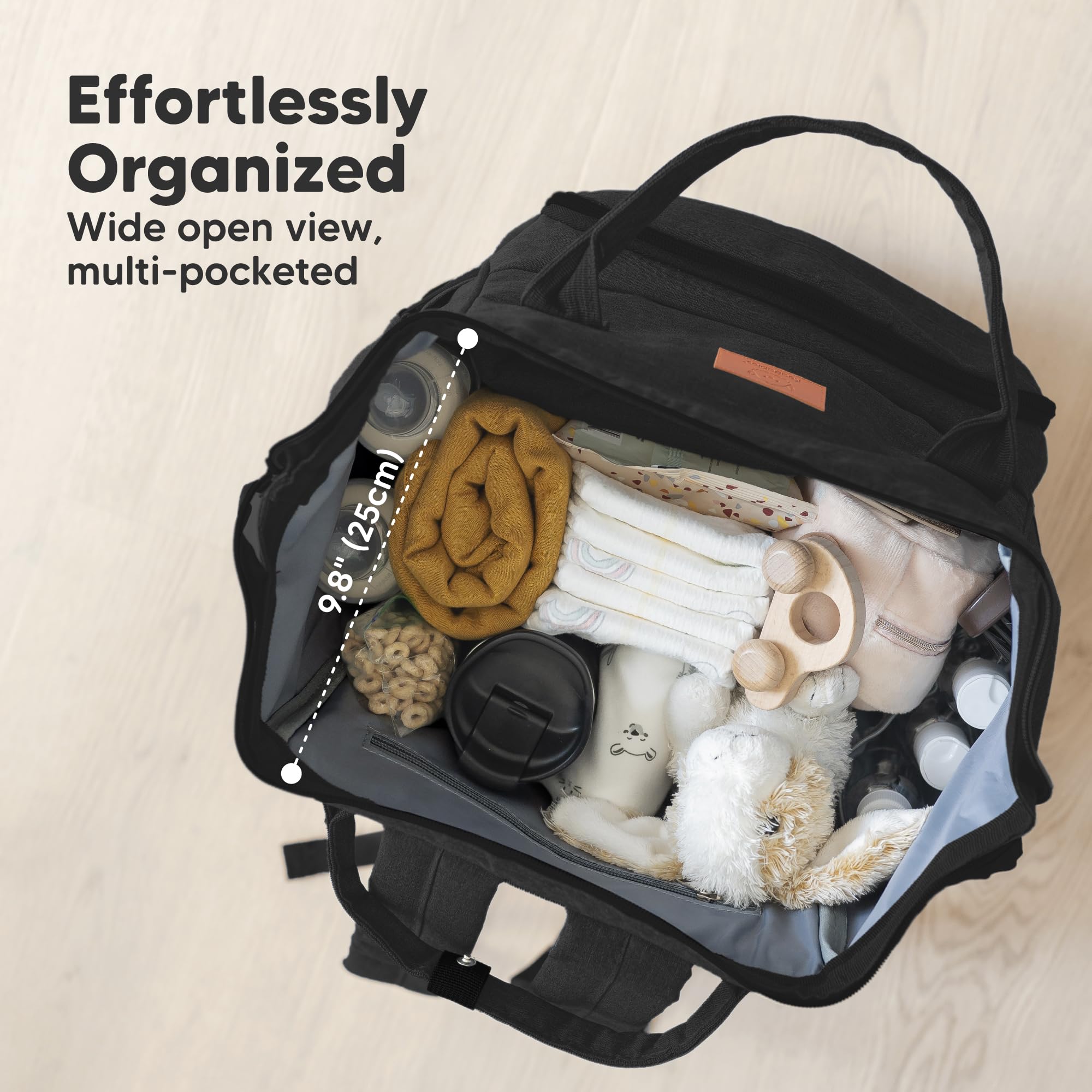 KeaBabies diaper bag backpack shows organized pockets for essentials.