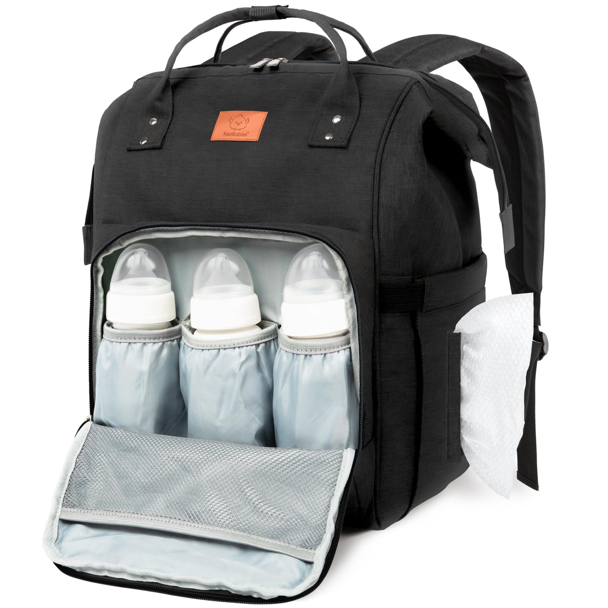 KeaBabies diaper bag backpack highlights water-resistant fabric for daily outings.