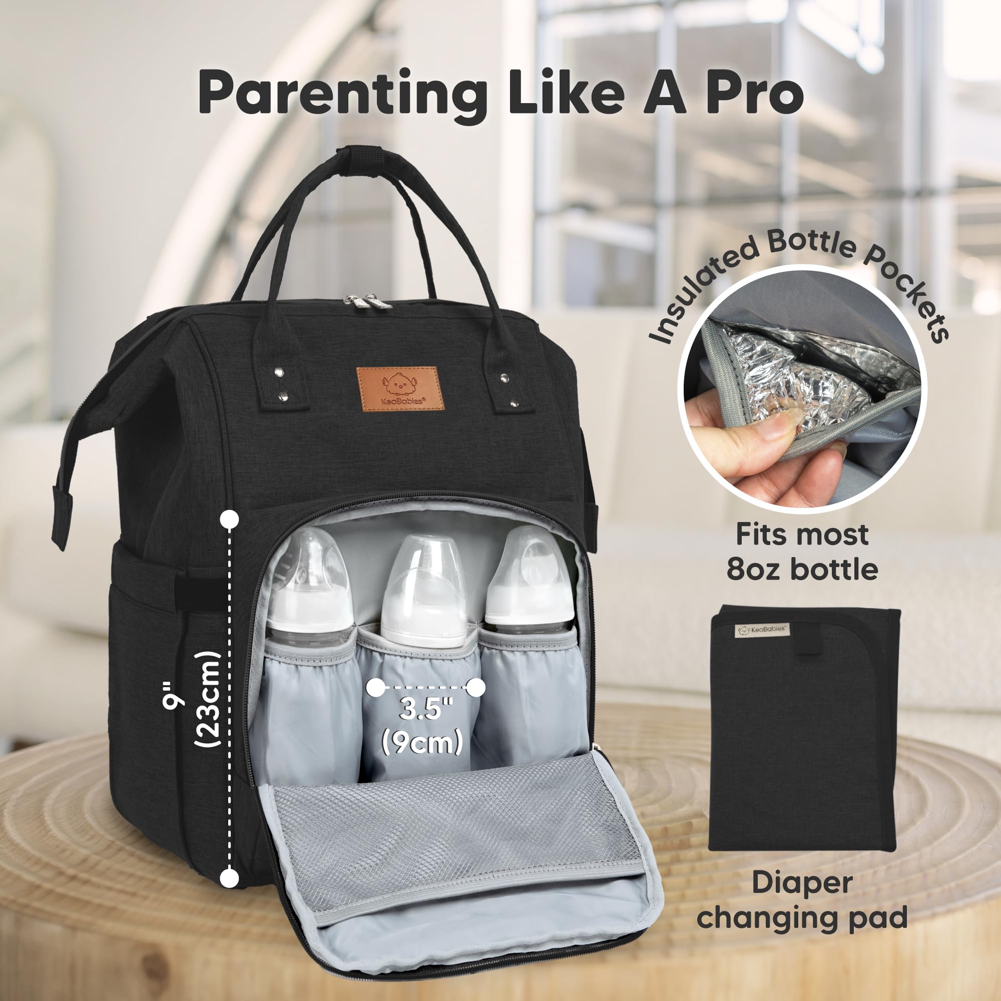 KeaBabies diaper bag features smooth zippers for easy access.