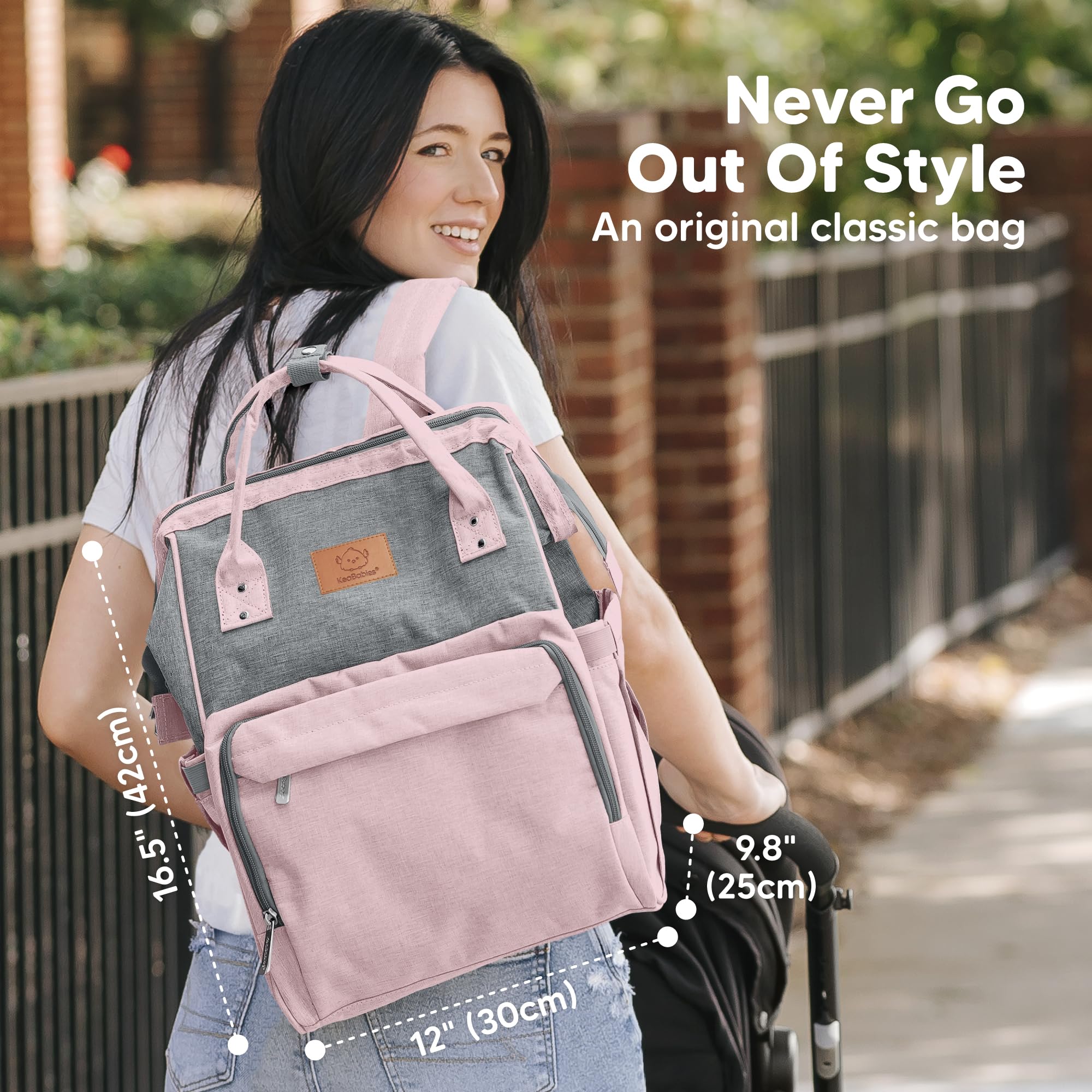 KeaBabies diaper bag pink-gray changing pad provides a clean, safe surface on the go.