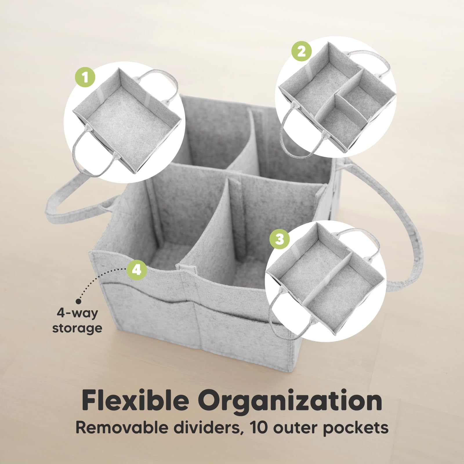 KeaBabies diaper caddy detachable dividers demonstrate modular customization for changing tables.