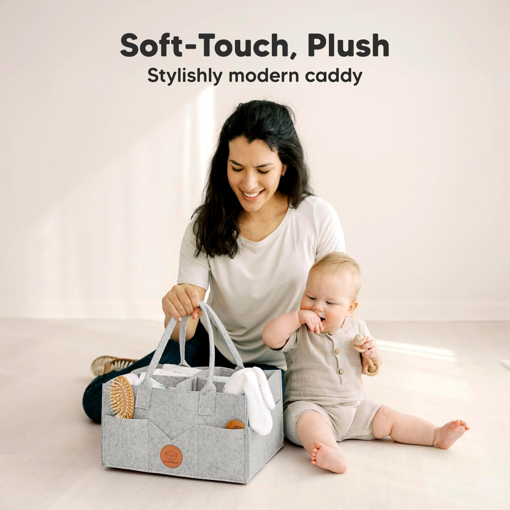 KeaBabies diaper caddy handle closeup highlighting easy grab-and-go portability.
