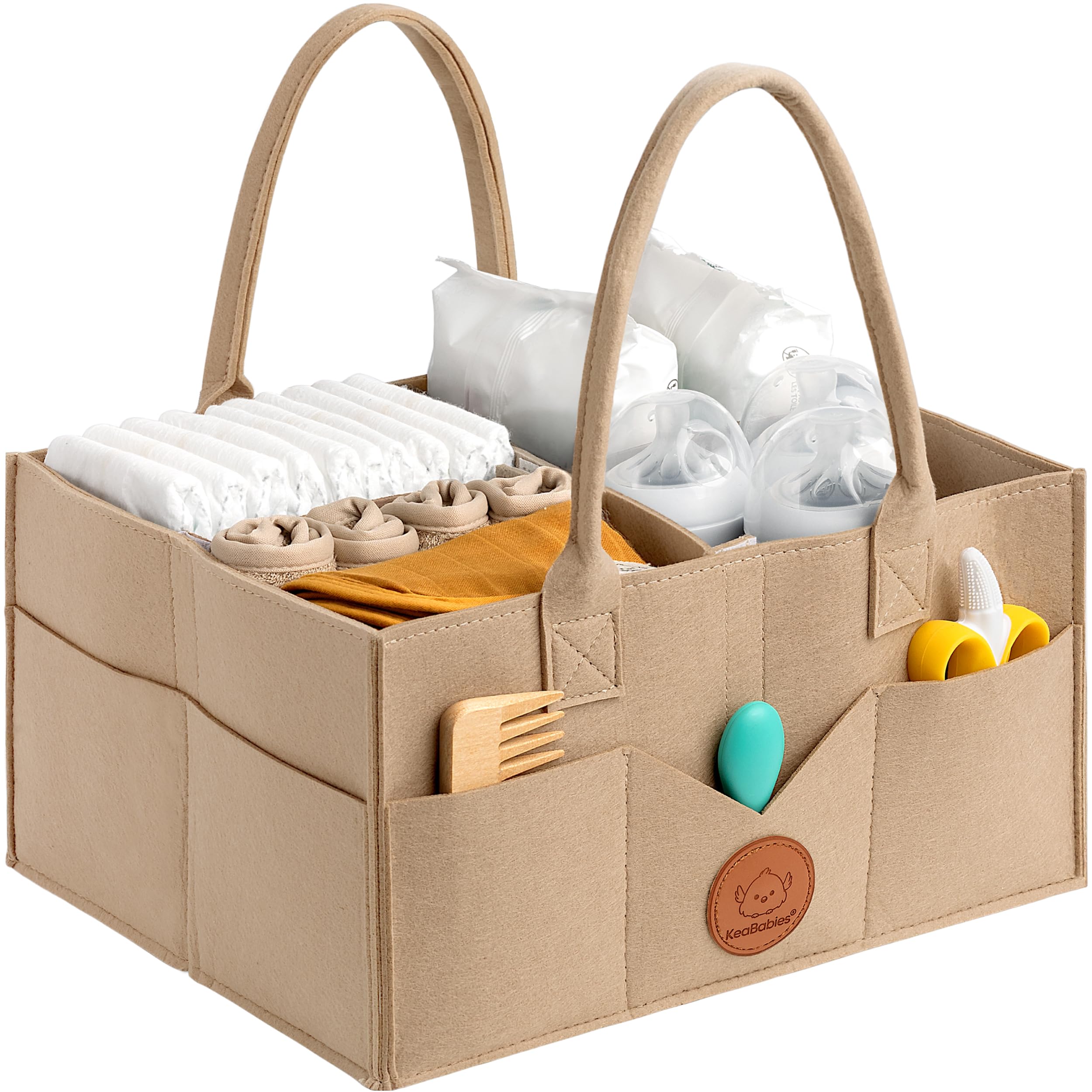 KeaBabies diaper caddy with handle showing large compartments for quick nursery access.