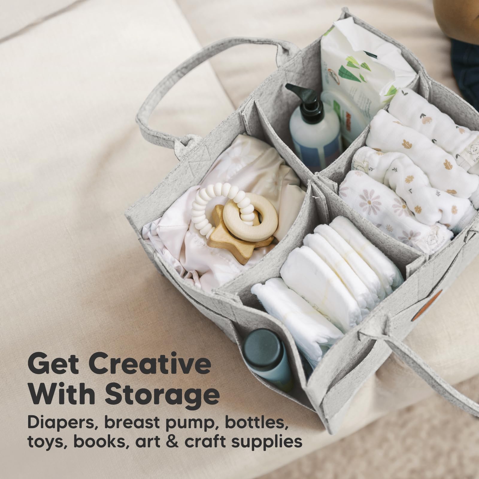 KeaBabies diaper caddy side pockets realize quick access to wipes and creams.