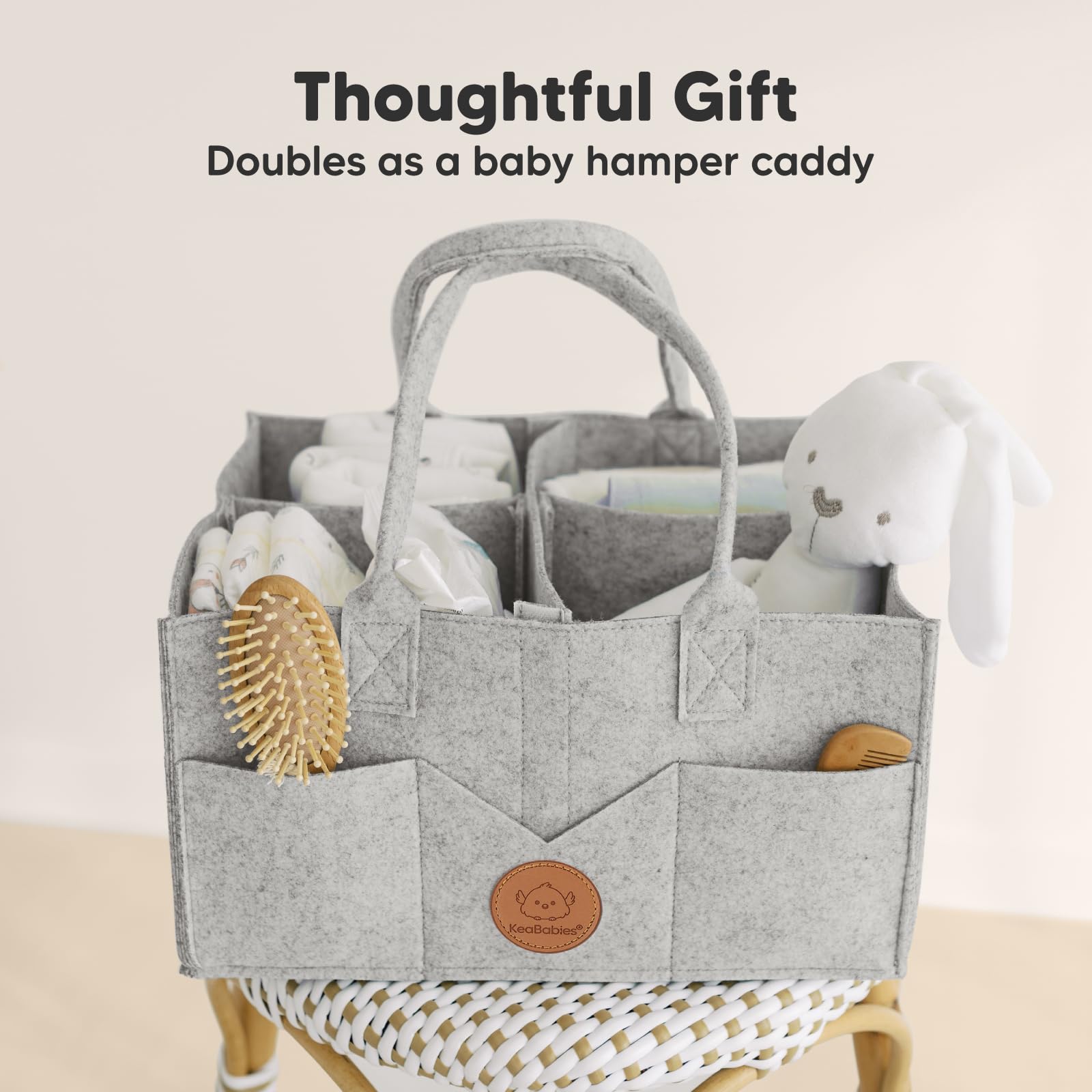 KeaBabies diaper caddy travel car scene illustrates portable storage on the go.