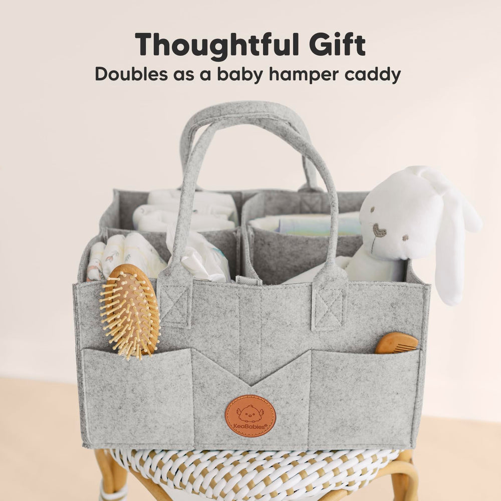 KeaBabies diaper caddy travel car scene illustrates portable storage on the go.