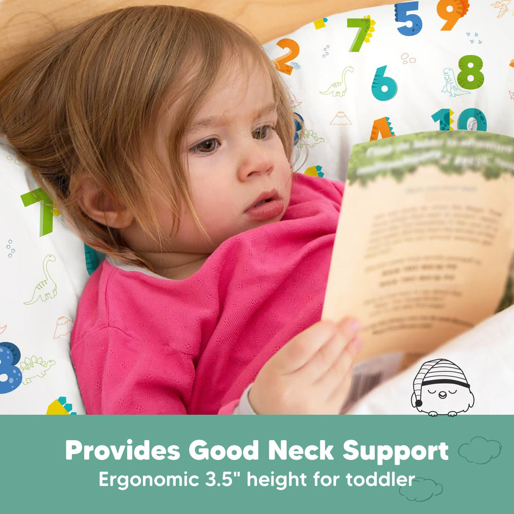 KeaBabies Dino123-print pillowcase adds playful style and kid-friendly comfort.