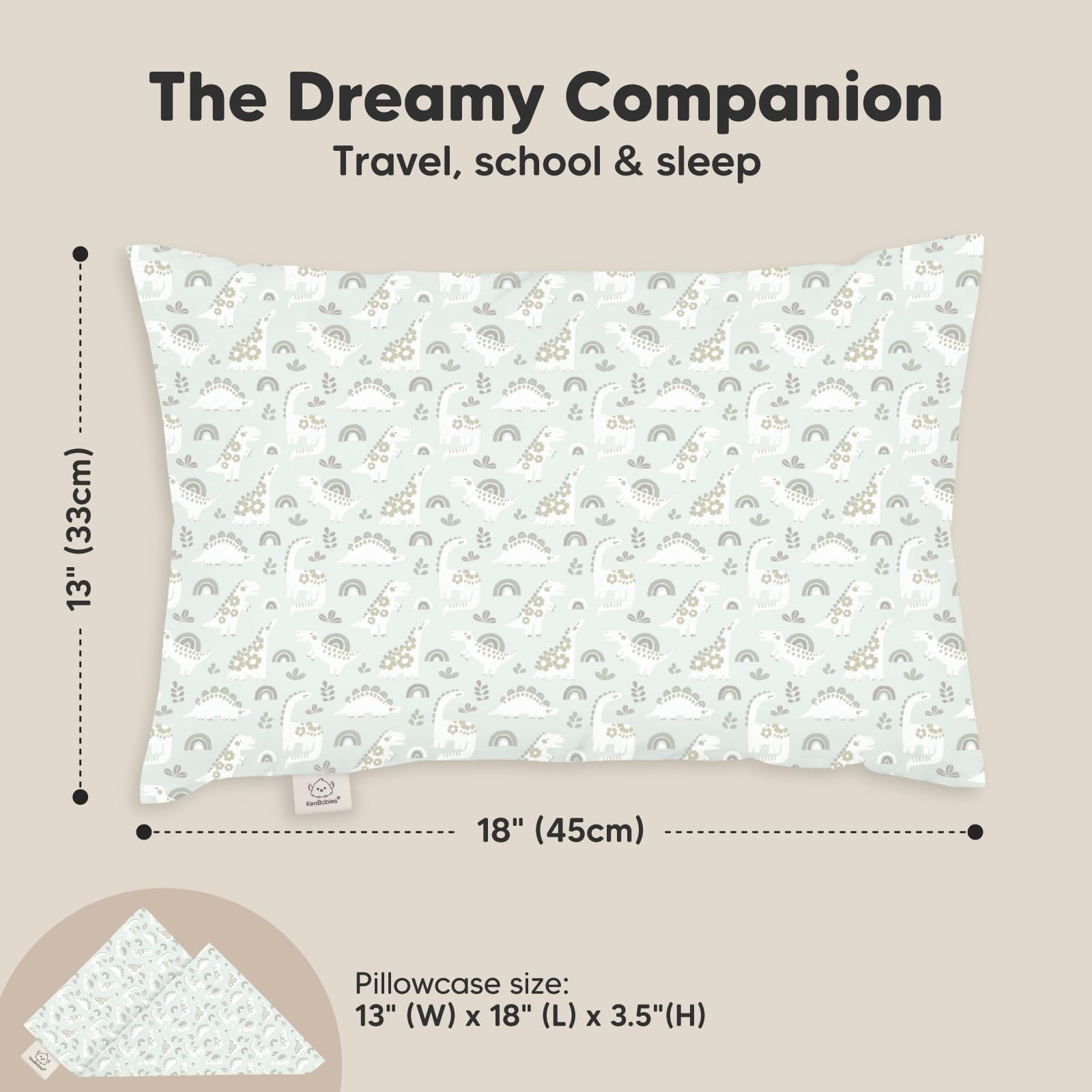 KeaBabies Dinobloom pillow case closeup emphasizes organic cotton cover and gentle texture.