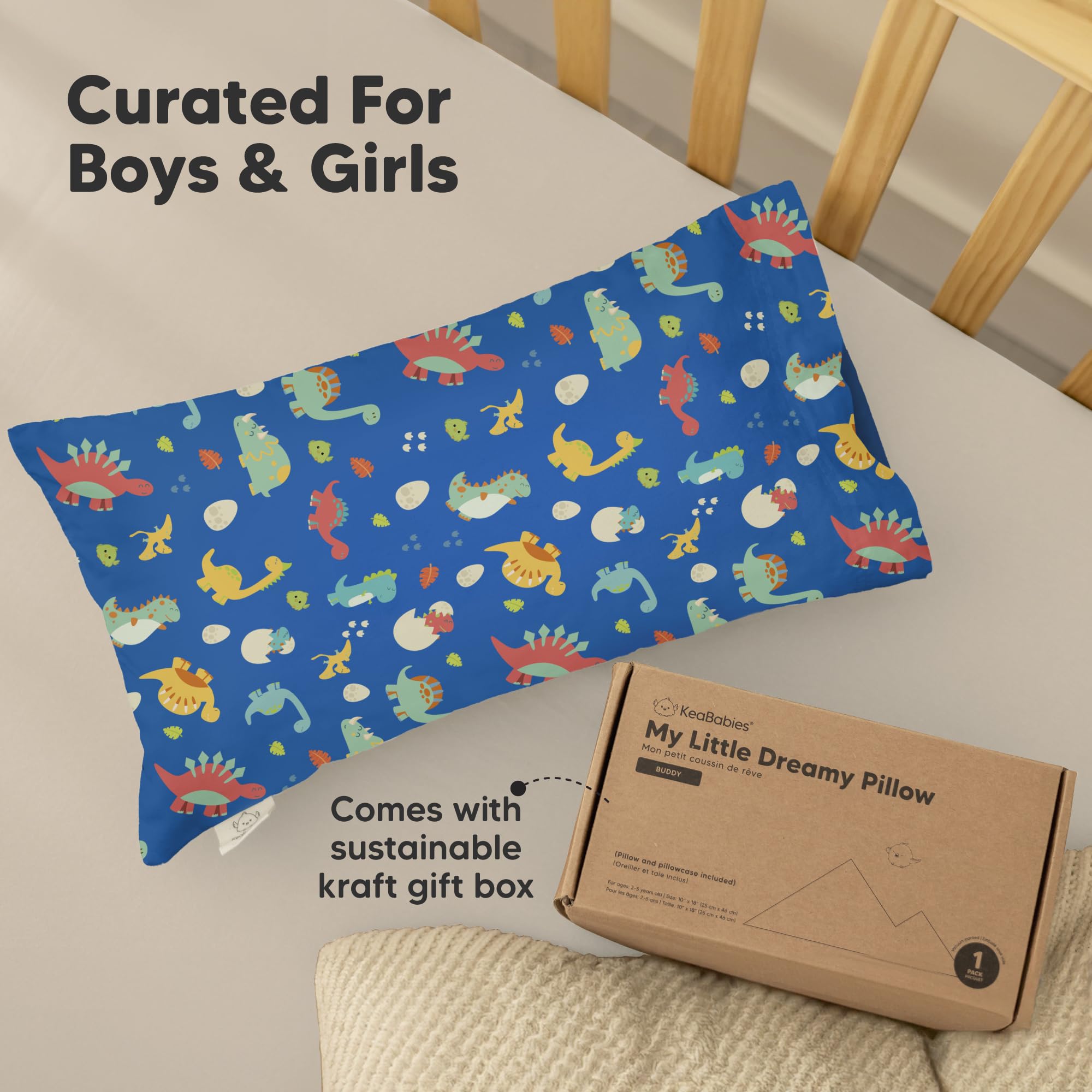 KeaBabies Dinoworld pillow bundle image highlights easy care and lasting softness.