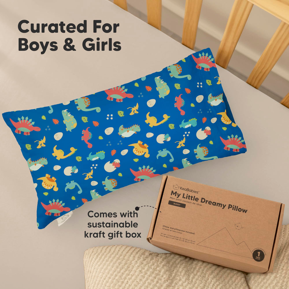 KeaBabies Dinoworld pillow bundle image highlights easy care and lasting softness.