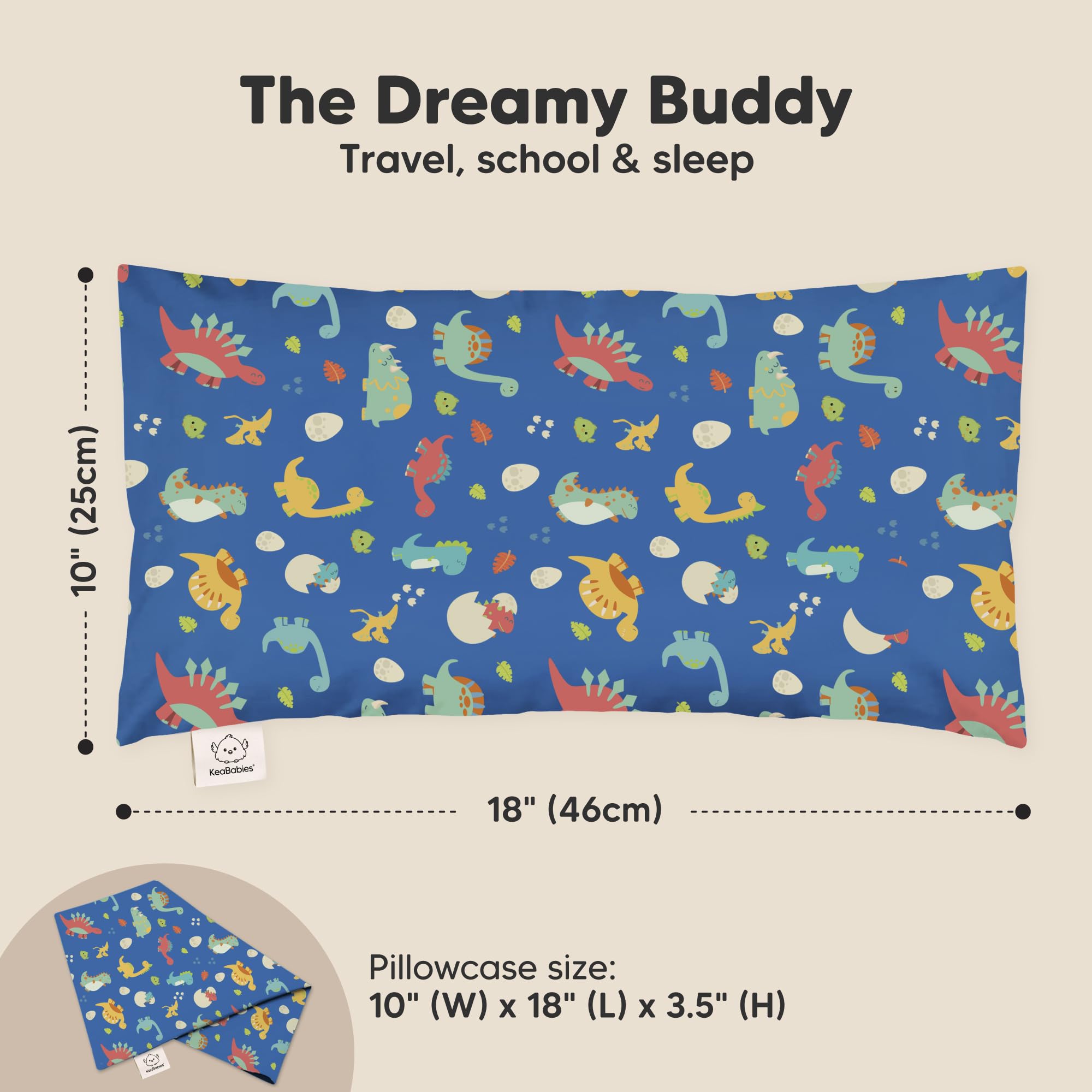 KeaBabies Dinoworld pillow fabric closeup reveals soft, breathable OEKO-TEX cotton.