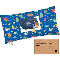 KeaBabies Dinoworld pillow front view shows travel-friendly 10x18 size for toddlers.