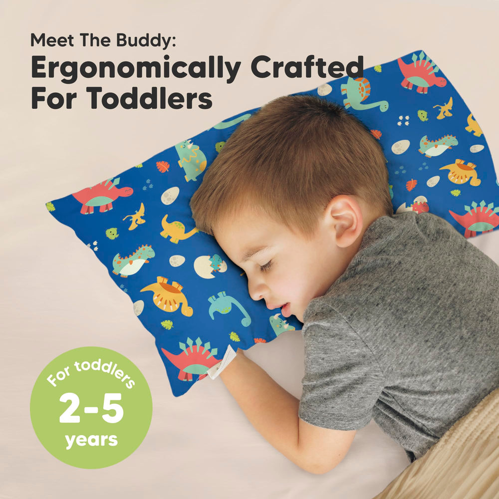 KeaBabies Dinoworld pillow side profile highlights ergonomic support during sleep and play.