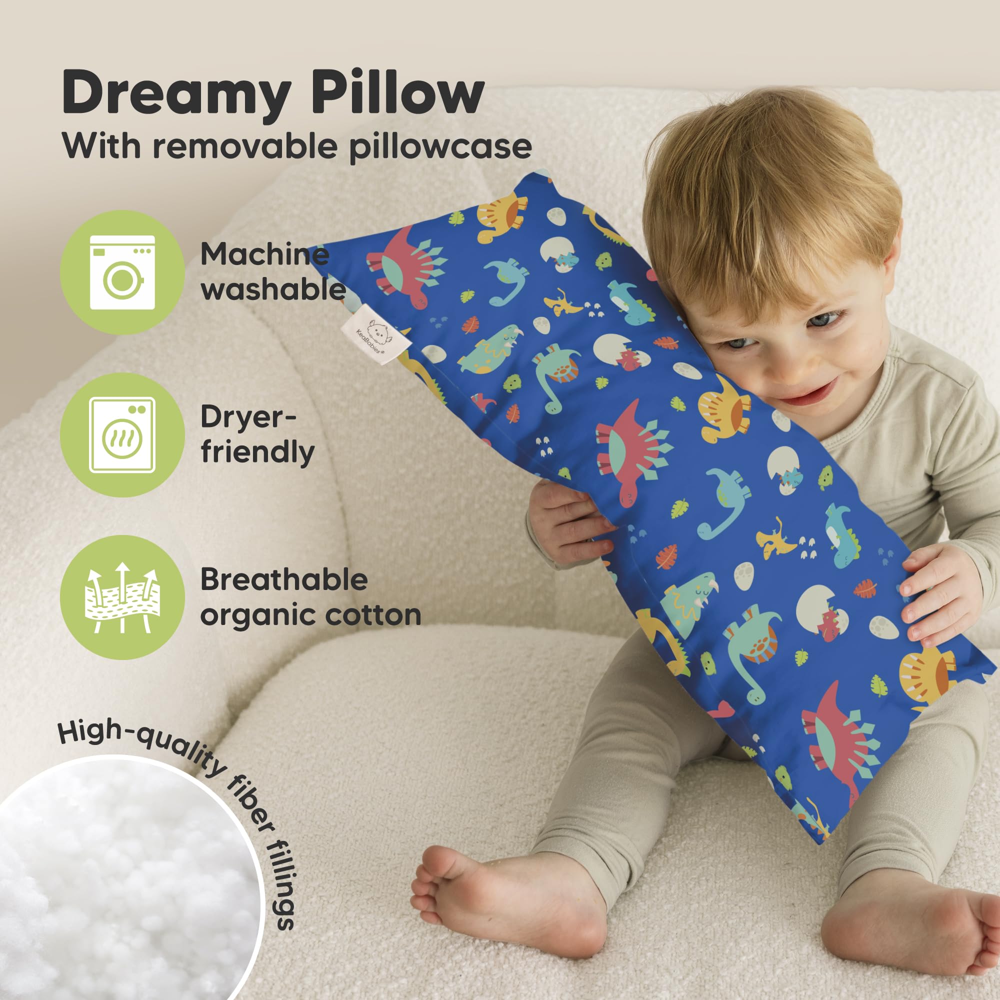 KeaBabies Dinoworld pillowcase closeup features organic cotton and gentle texture for kids.