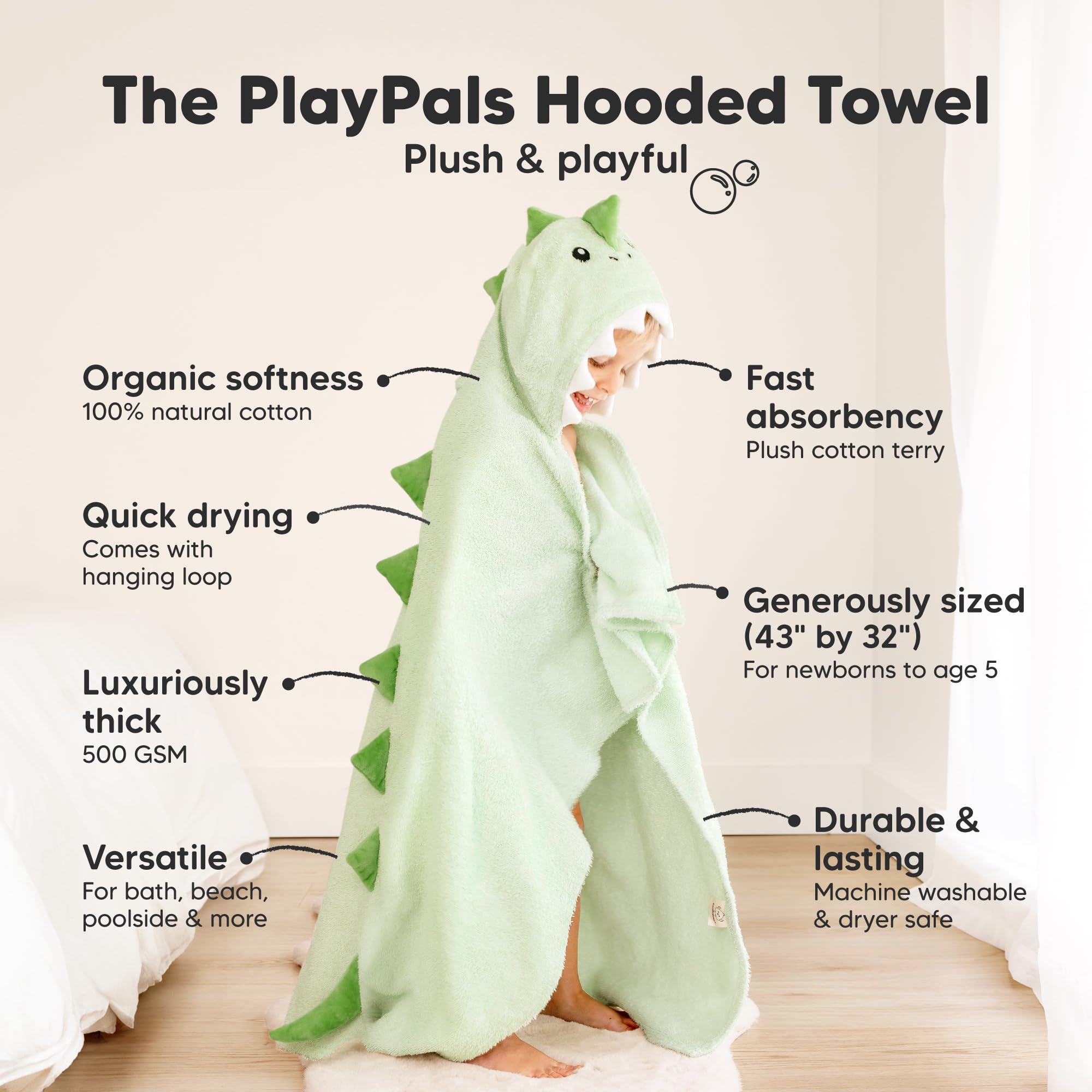 KeaBabies Draco hooded design adds playful comfort during bath time.