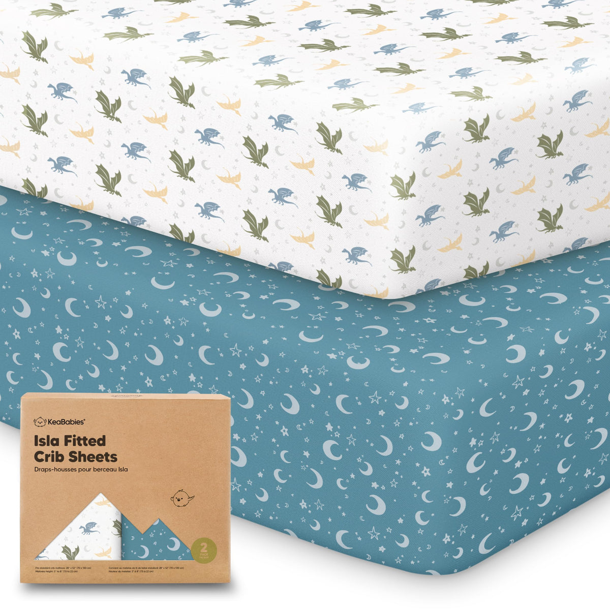 KeaBabies Dragon Tale 2-pack crib sheets on standard mattresses, soft and breathable.