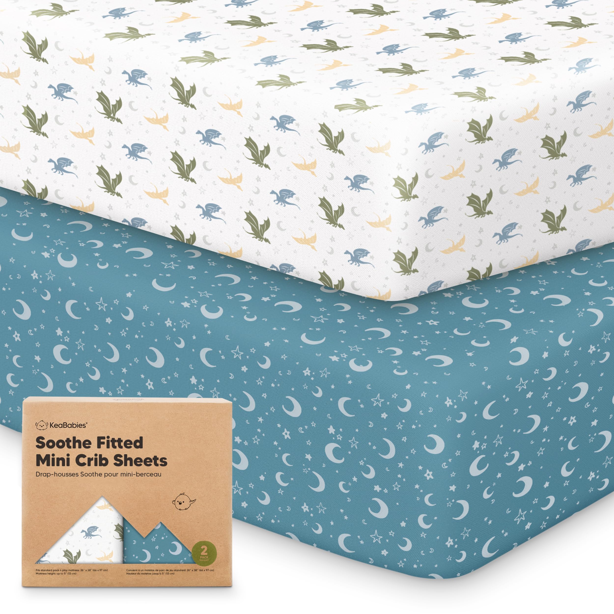 KeaBabies Dragon Tale mini crib sheets in 38x26 fit Pack N Play mattresses with soft fabric.