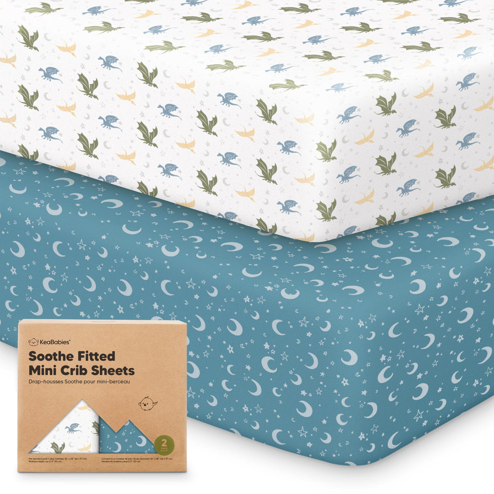 KeaBabies Dragon Tale mini crib sheets in 38x26 fit Pack N Play mattresses with soft fabric.