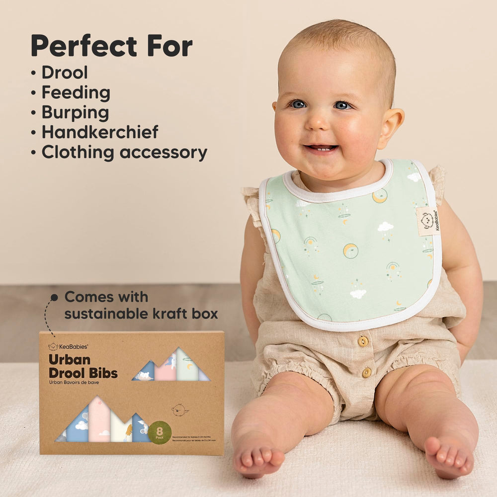 KeaBabies Dreamers fleece-backed bib demonstrates extra-absorbent drool management.