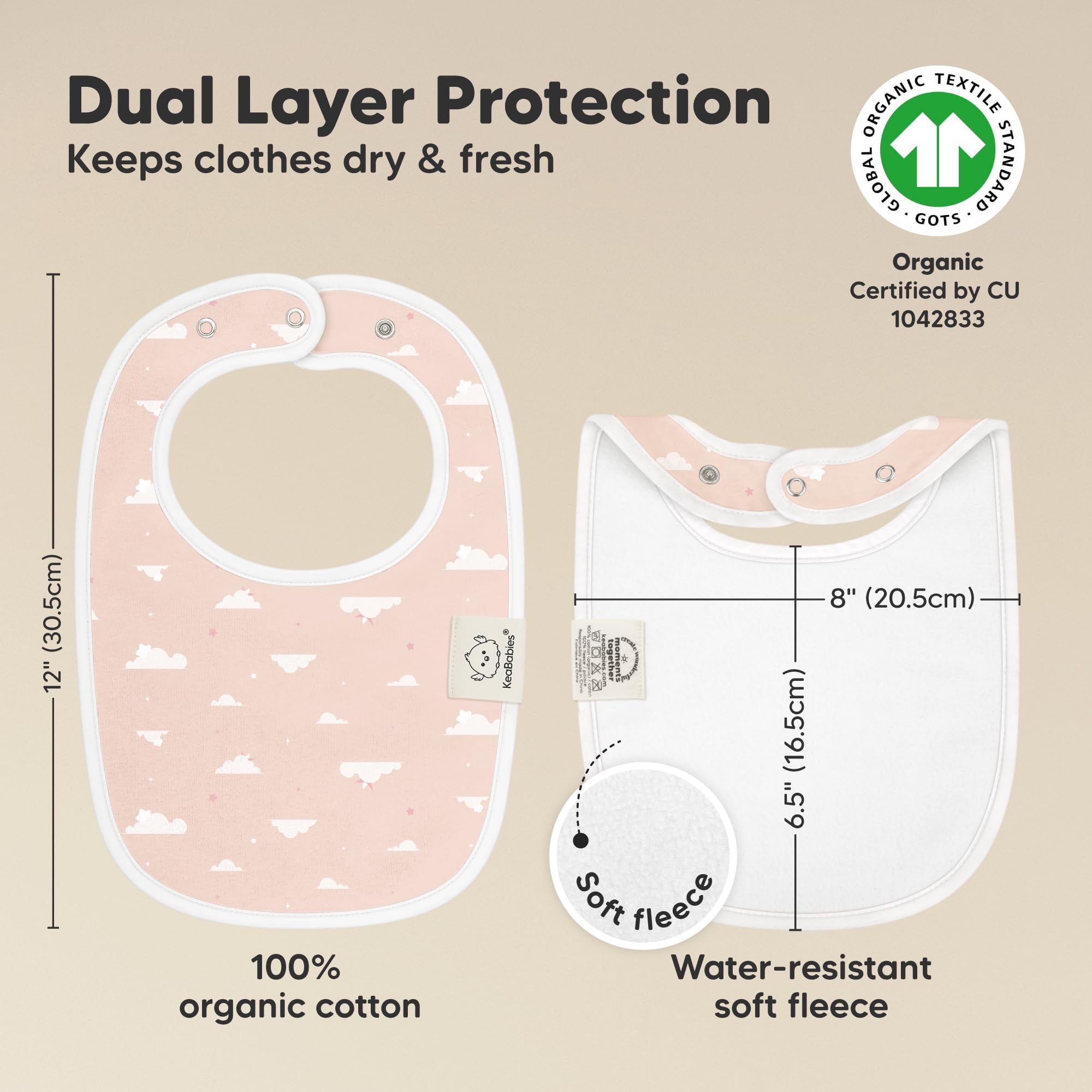 KeaBabies Dreamers bib on baby chest demonstrating full-coverage drool protection.