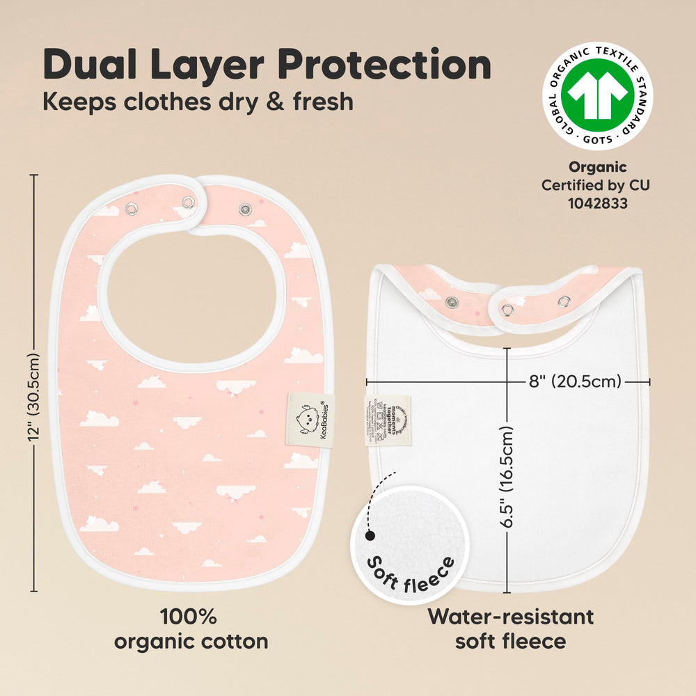 KeaBabies Dreamers bib on baby chest demonstrating full-coverage drool protection.