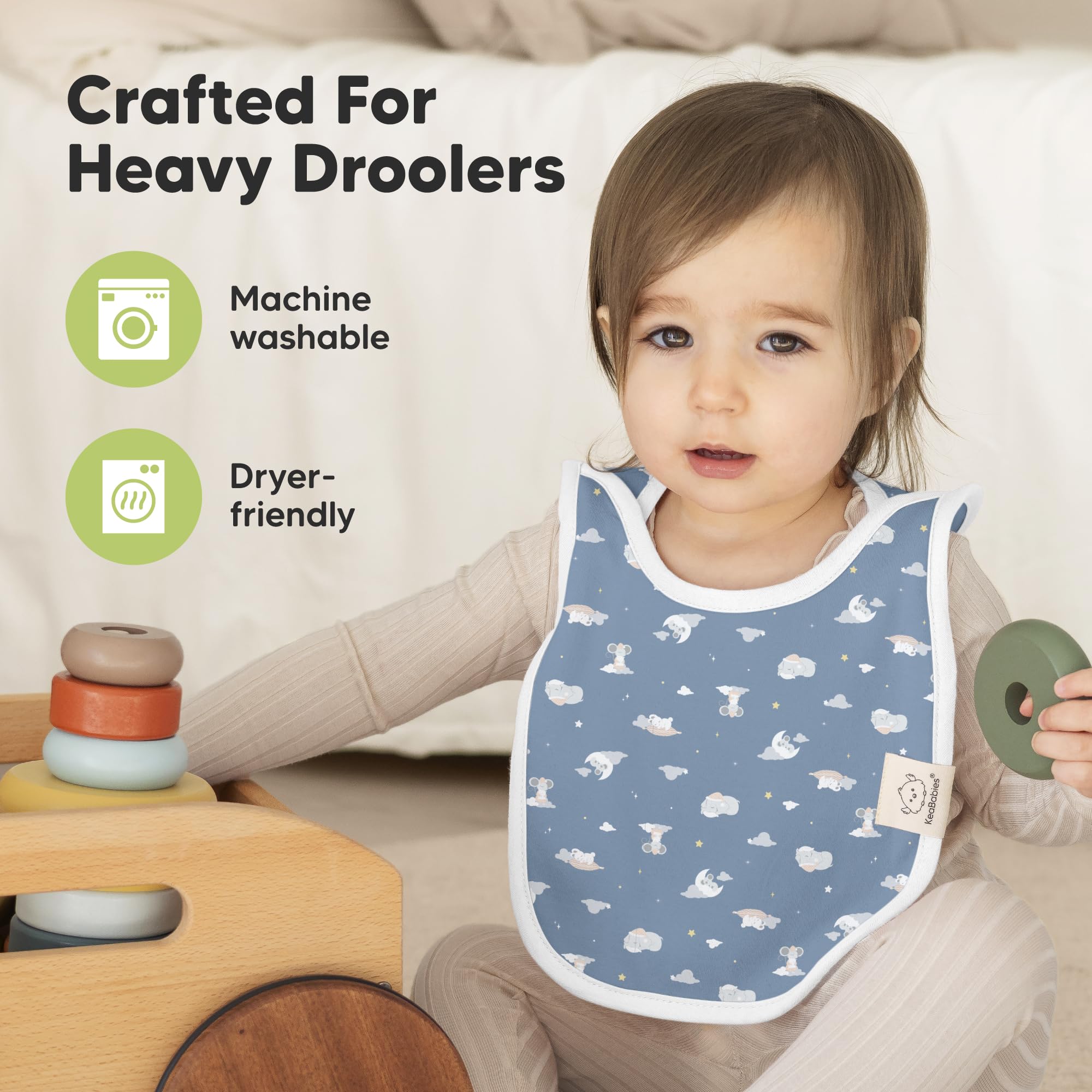 KeaBabies Dreamers bib provides large torso coverage to protect clothes