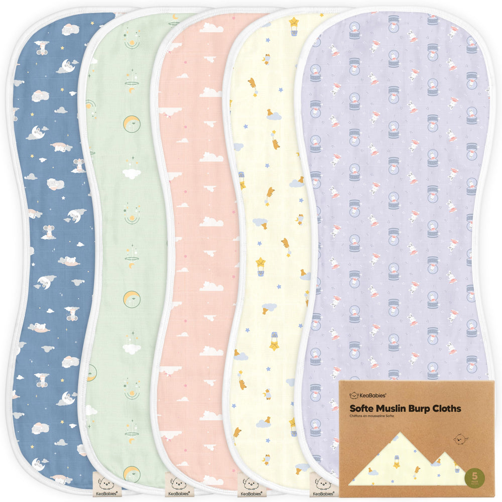 KeaBabies Dreamers 5-pack burp cloth closeup shows absorbent fabric for mess control.