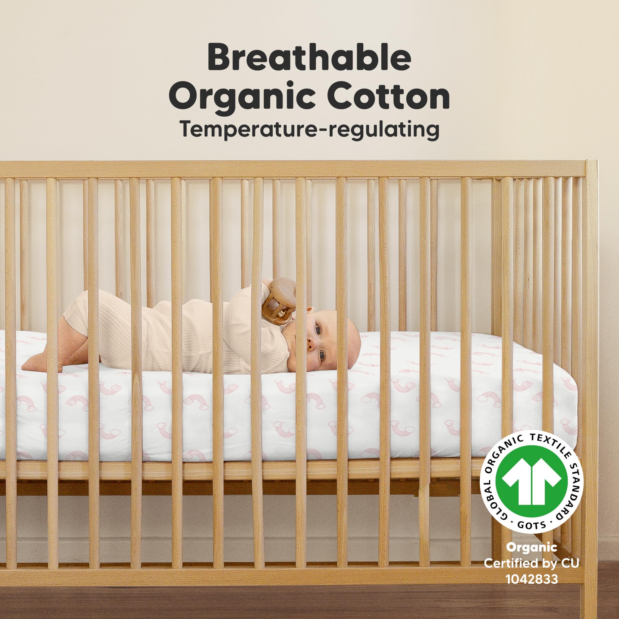 KeaBabies Dreamland crib sheets on mattress—neutral fit for crib nursery
