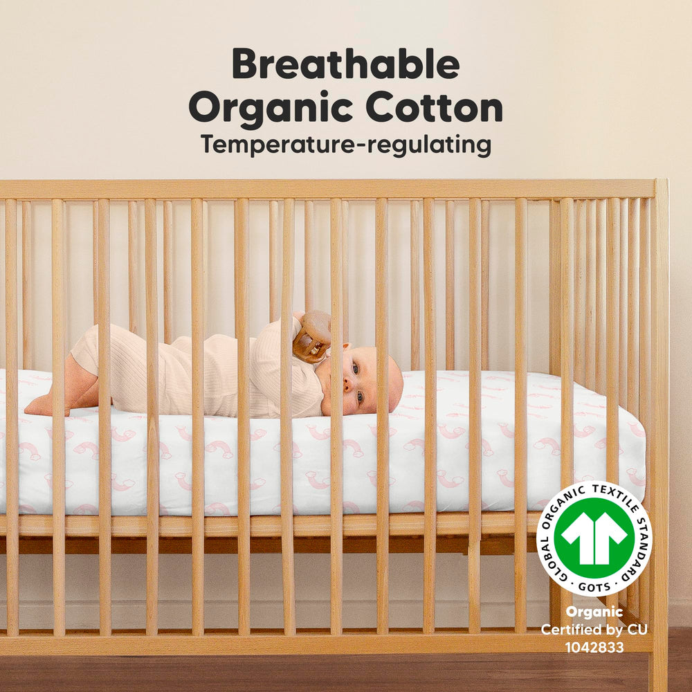 KeaBabies Dreamland crib sheets on mattress—neutral fit for crib nursery
