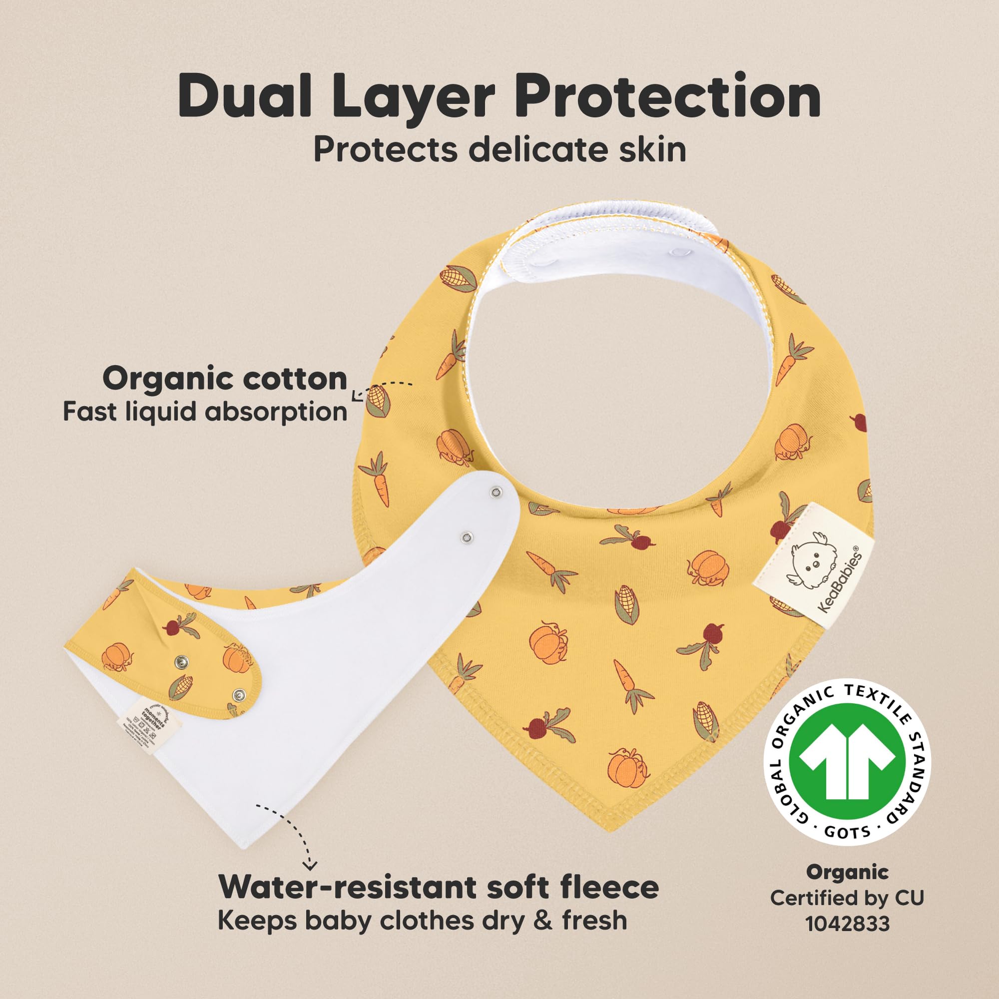 KeaBabies dual-layer absorbent cotton bibs guard clothing during teething and mealtime.