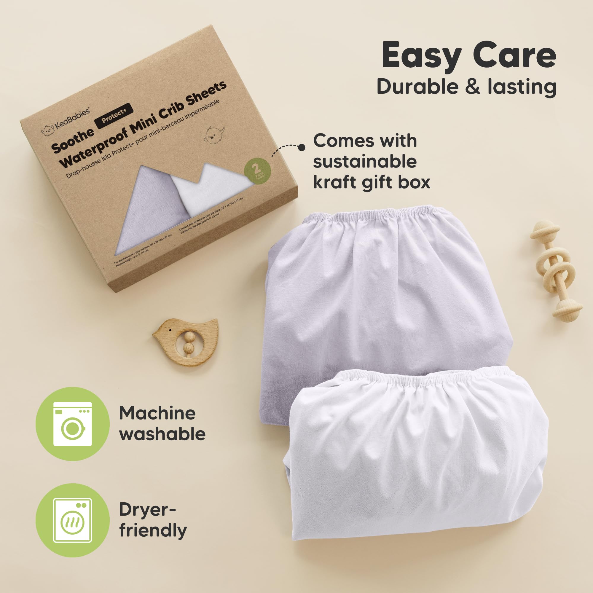 KeaBabies durable-finish sheet detail emphasizes lasting playard use.