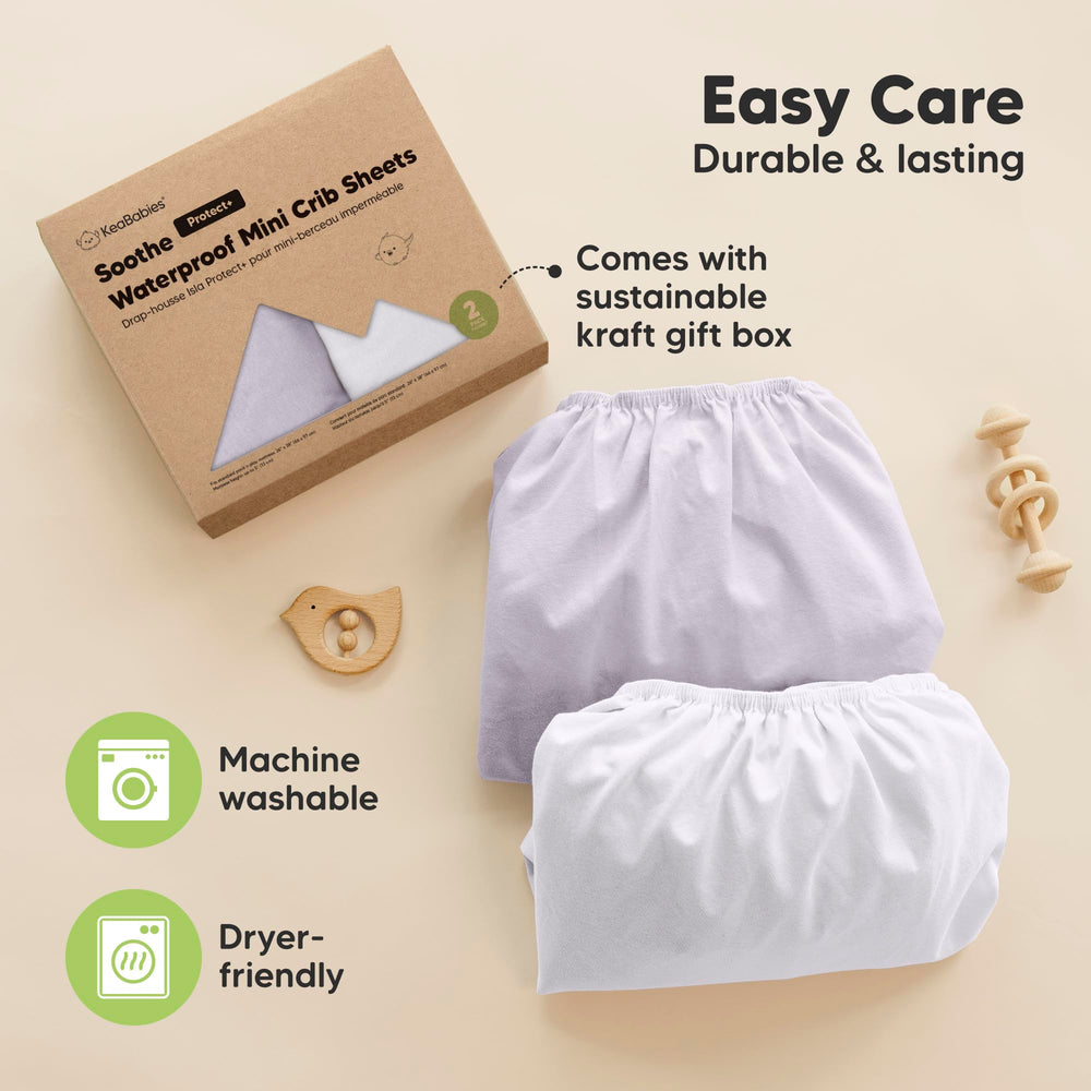 KeaBabies durable-finish sheet detail emphasizes lasting playard use.