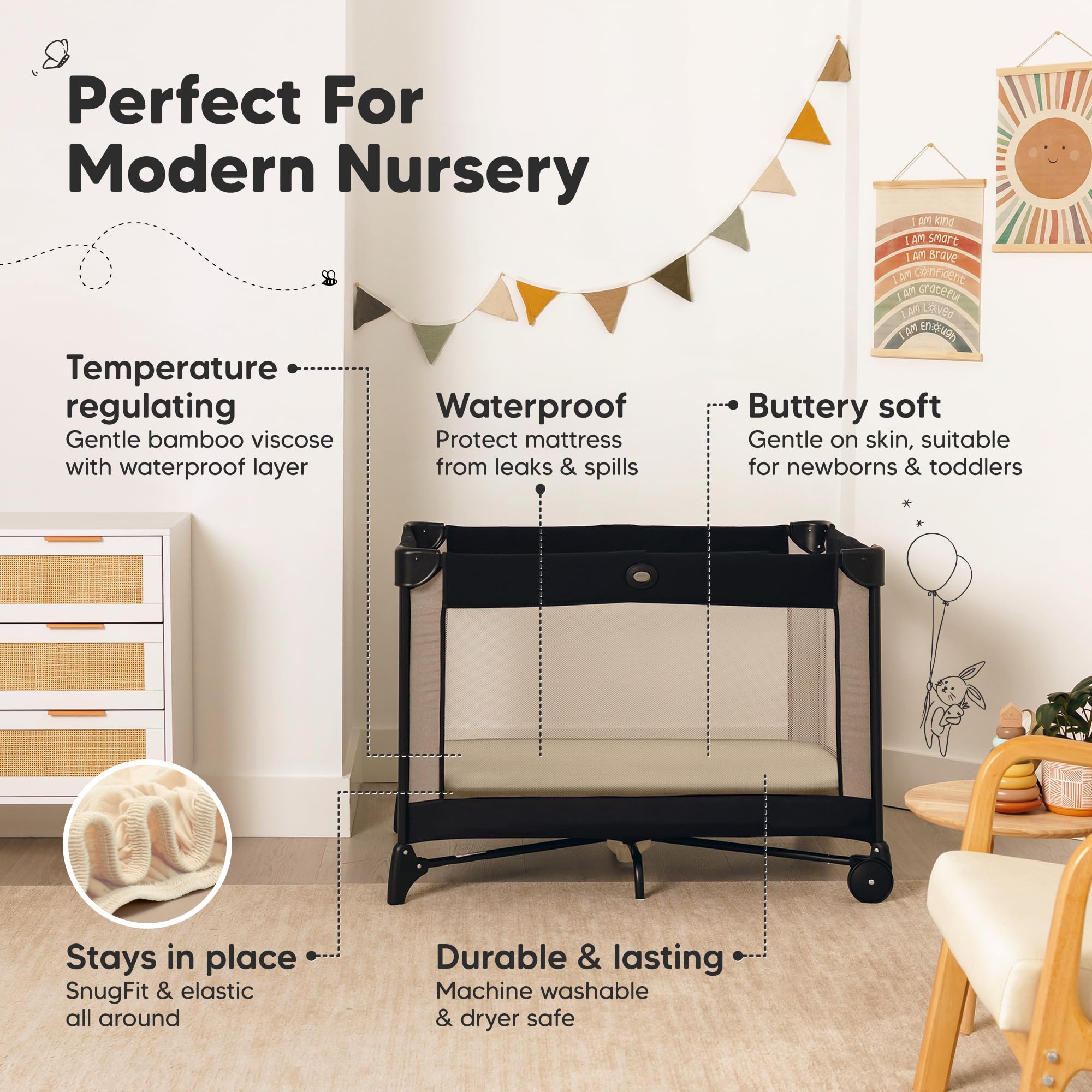 KeaBabies durable mini crib sheets—machine washable and dryer-friendly