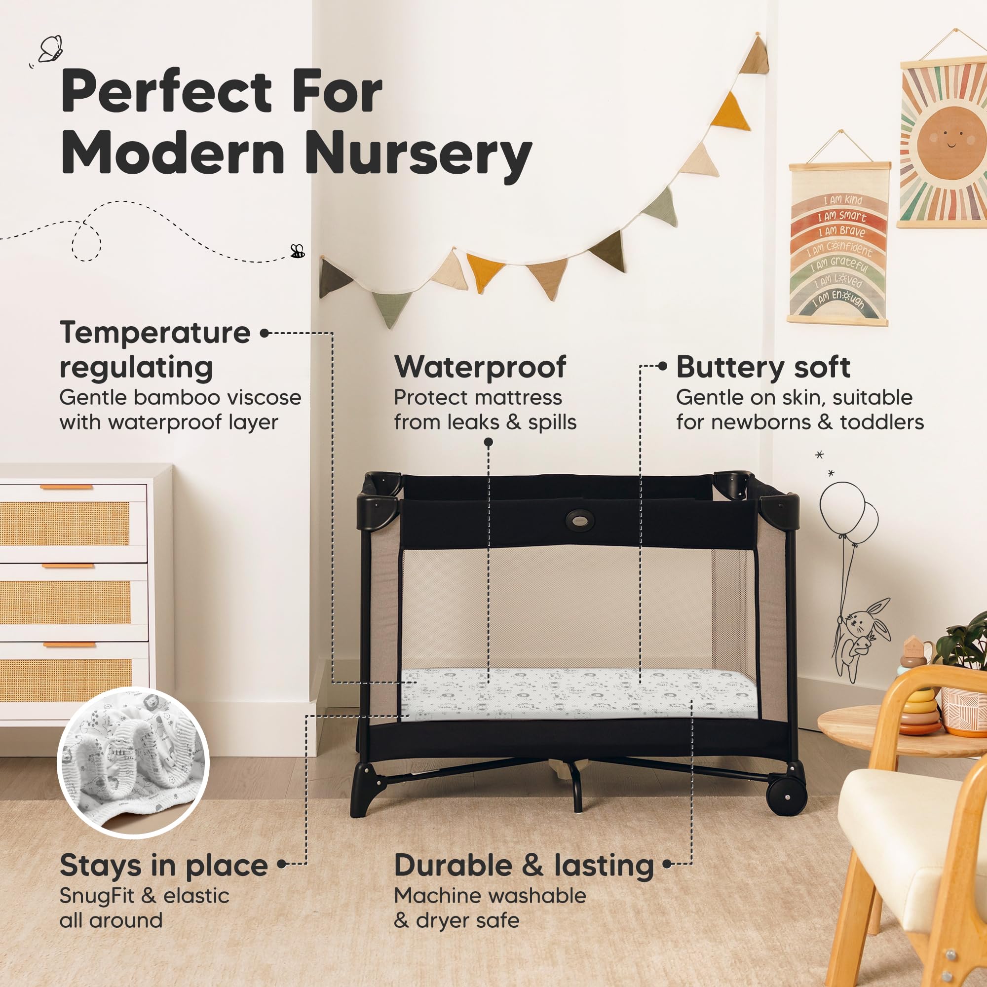 KeaBabies durable, machine-washable crib sheets stand up to frequent laundering.