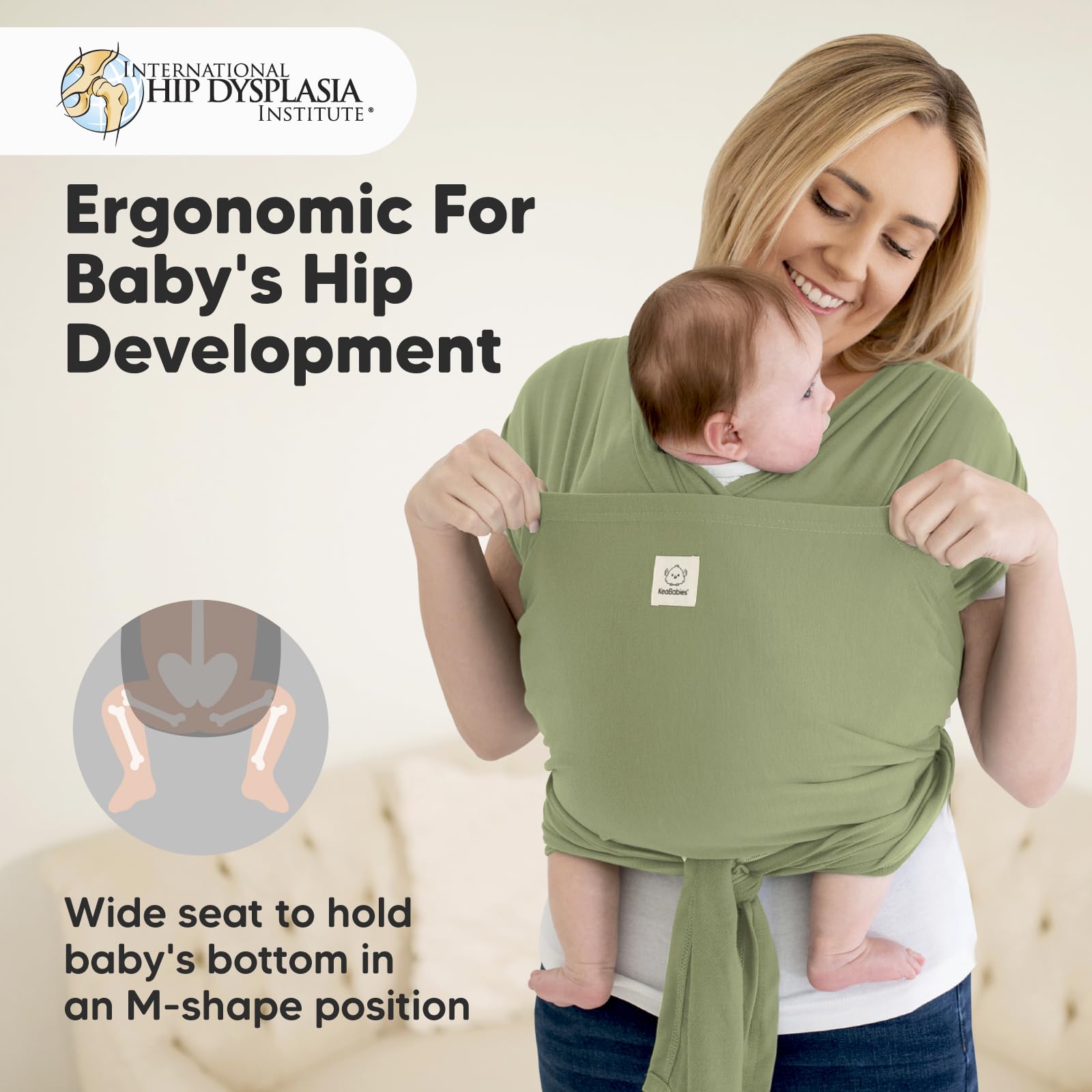 KeaBabies dusty olive wrap back-panel offers ergonomic support for longer wear