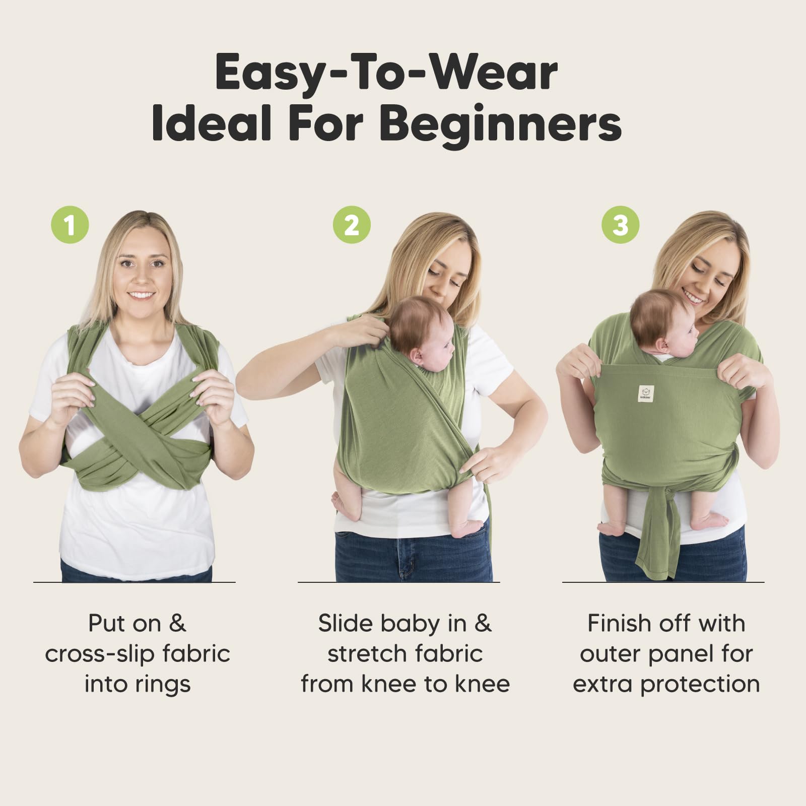 KeaBabies dusty olive wrap cross-strap technique showcases secure fit